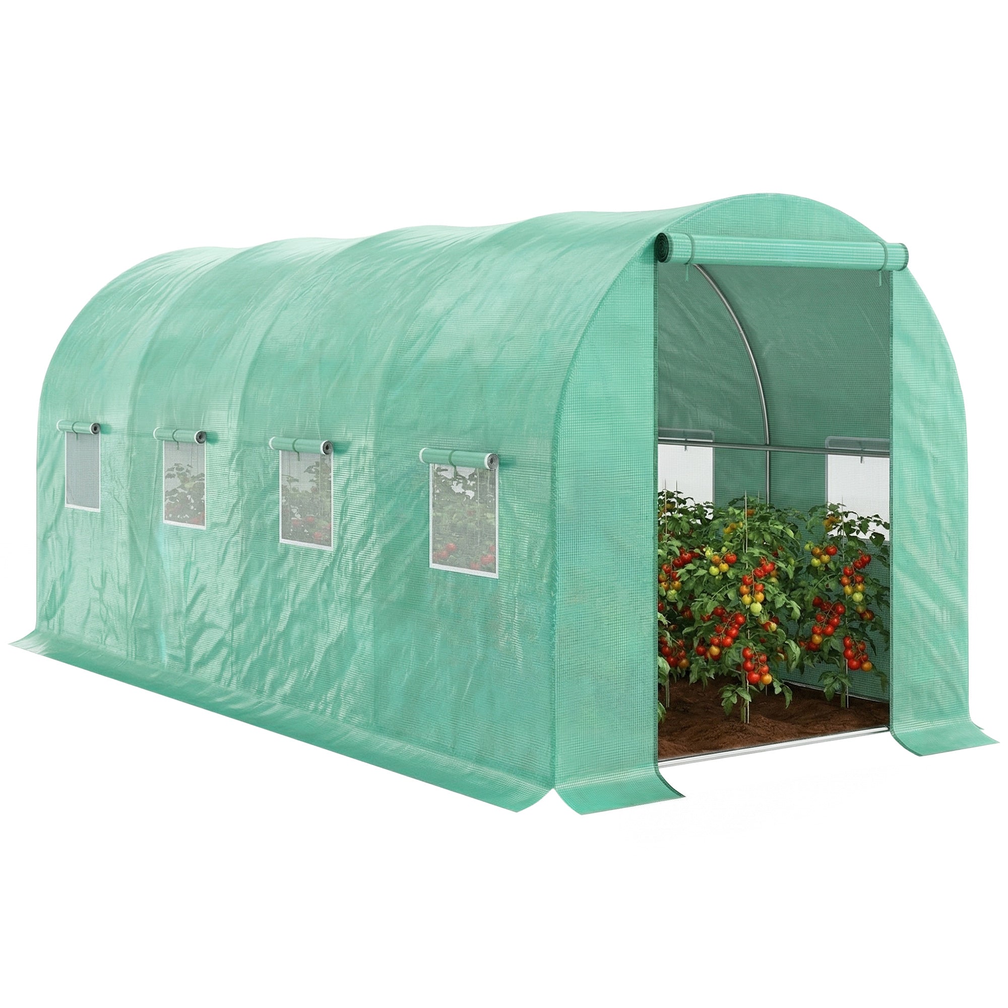 15' x 7' x 6.5' Walk-in Tunnel Hoop Greenhouse, Green House for Outside with PE Cover, Steel Frame, Roll-Up Zipper Door & Windows for Flowers, Vegetables, Tropical Plants, Green