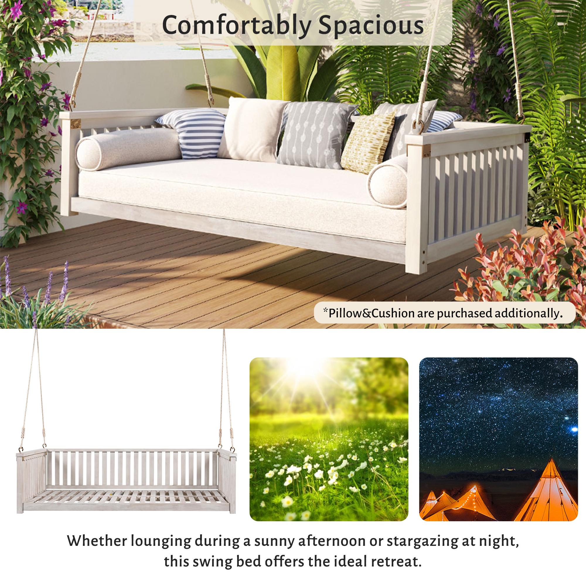 Minimalist Swing Bed with Safe Sloped Design for Backyard, Wooden Porch Swing with High Weight Capacity, 79" L x 41.5" W x 21" H, White