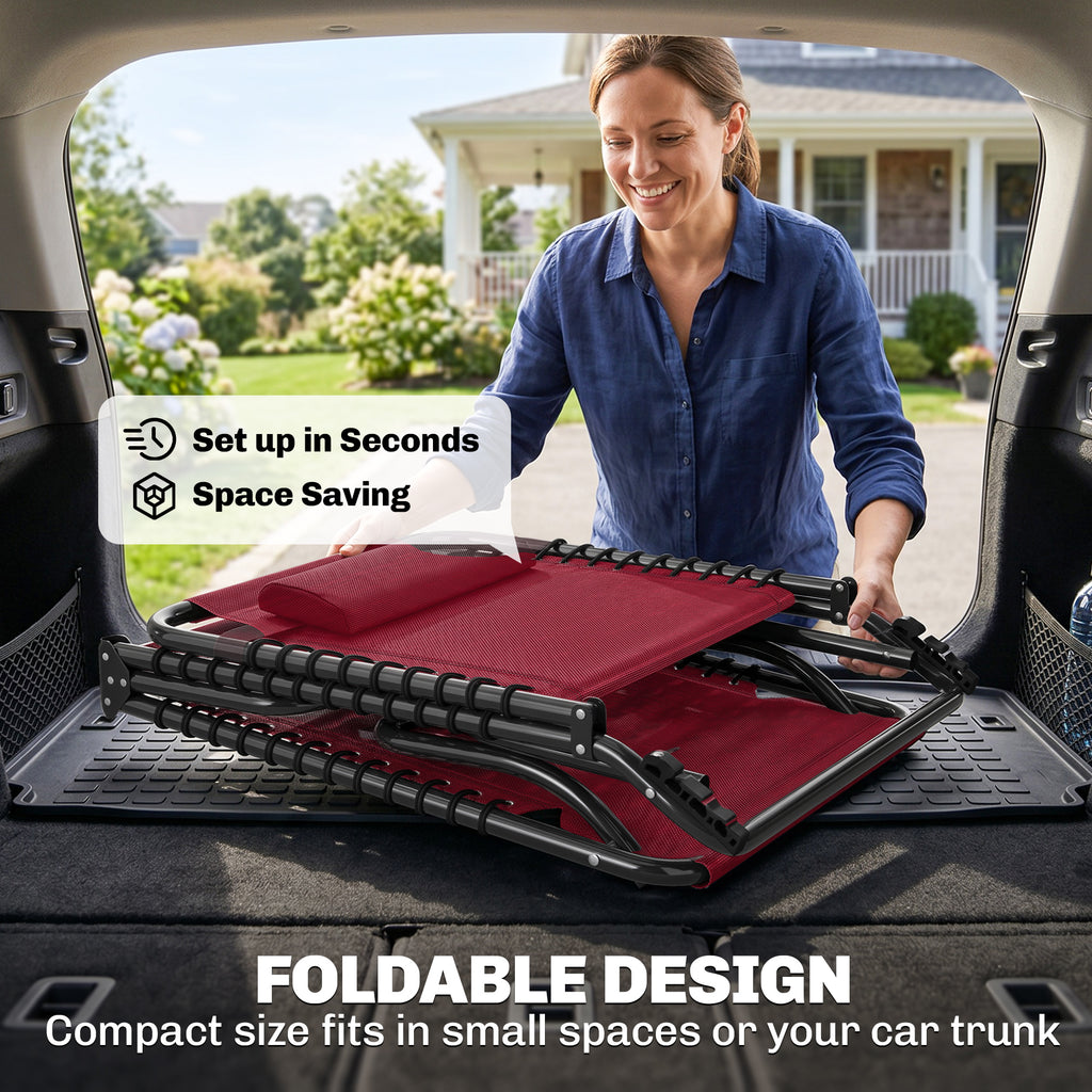 Folding Chaise Lounge Pool Chair with 4-Position Reclining Back, Pillow, Breathable Mesh & Bungee Seat, Wine Red