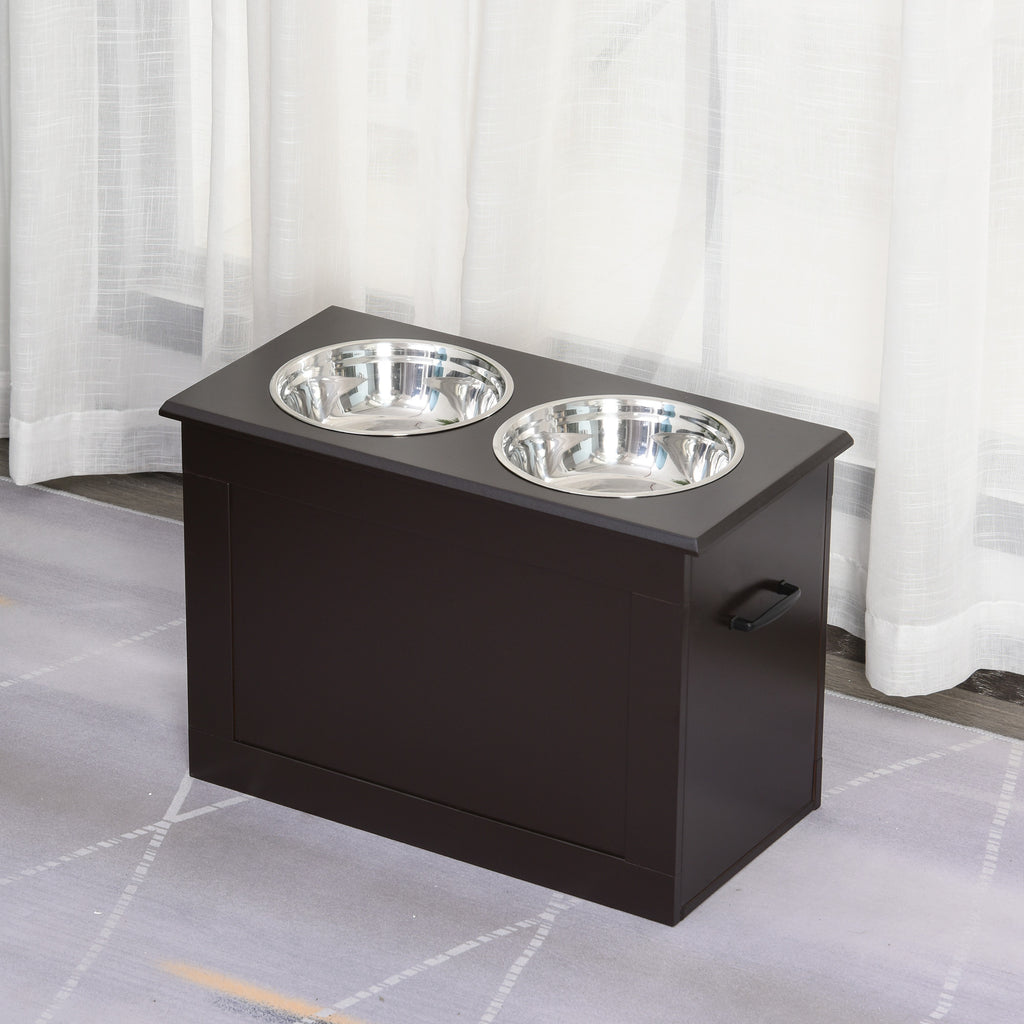 Raised Pet Feeding Storage Station with 2 Stainless Steel Bowls Base for Large Dogs and Other Large Pets, Coffee