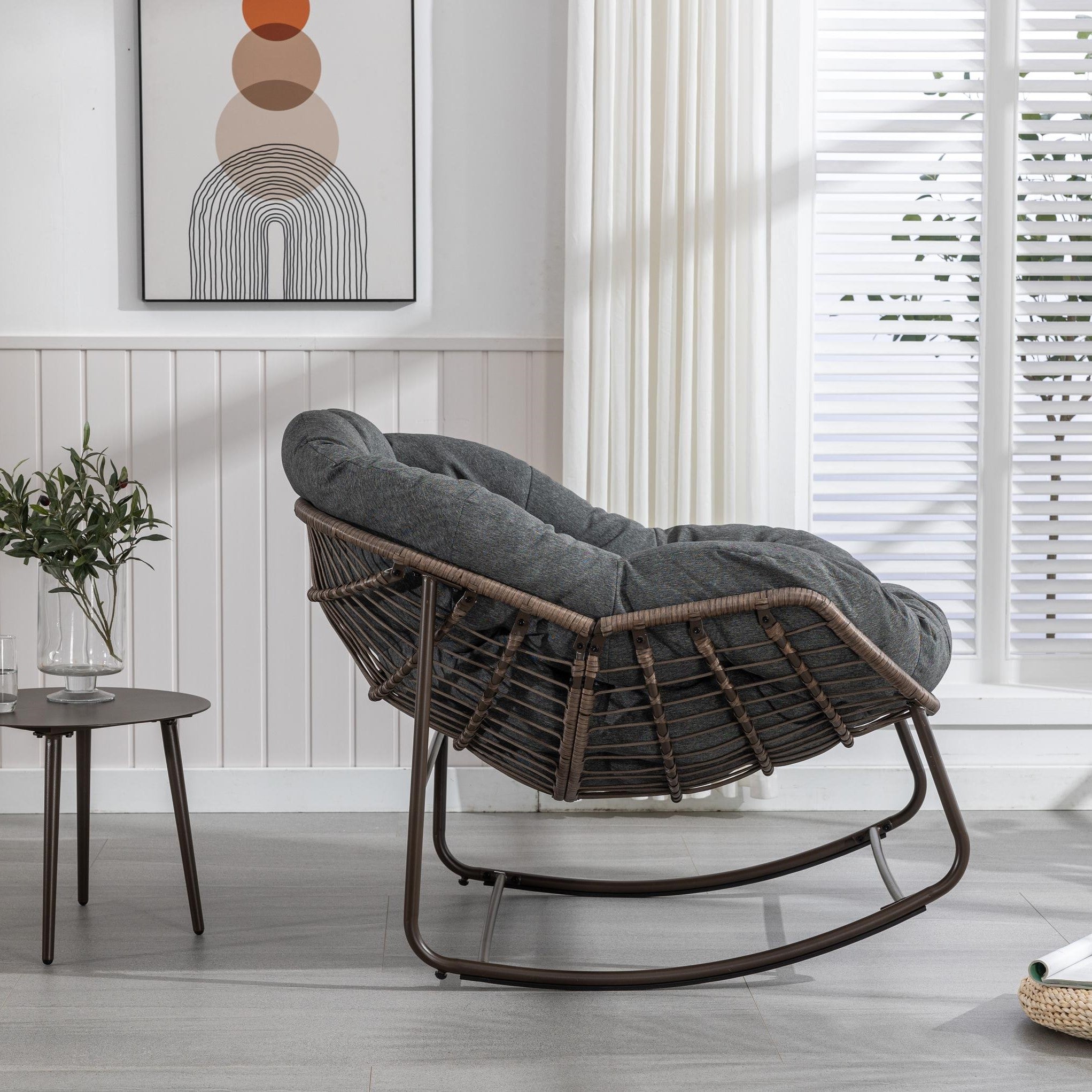 Outdoor Rattan Rocking Chair with Padded Cushion, Hand-Woven Recliner, Ergonomic Design, Steel Frame, 44" L x 37" W x 31.5" H, Gray