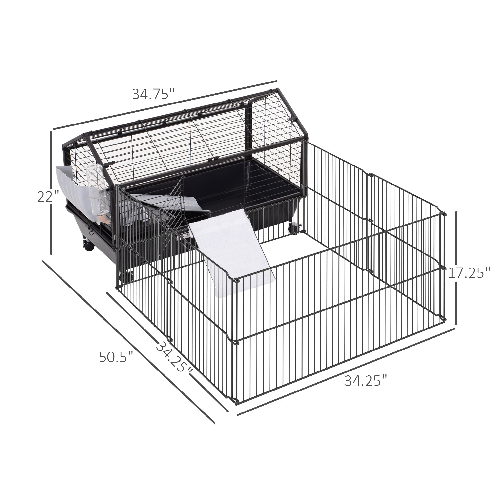 Rolling Metal Rabbit, Guinea Pig, or Small Animal Hutch Cage with Main House and Run