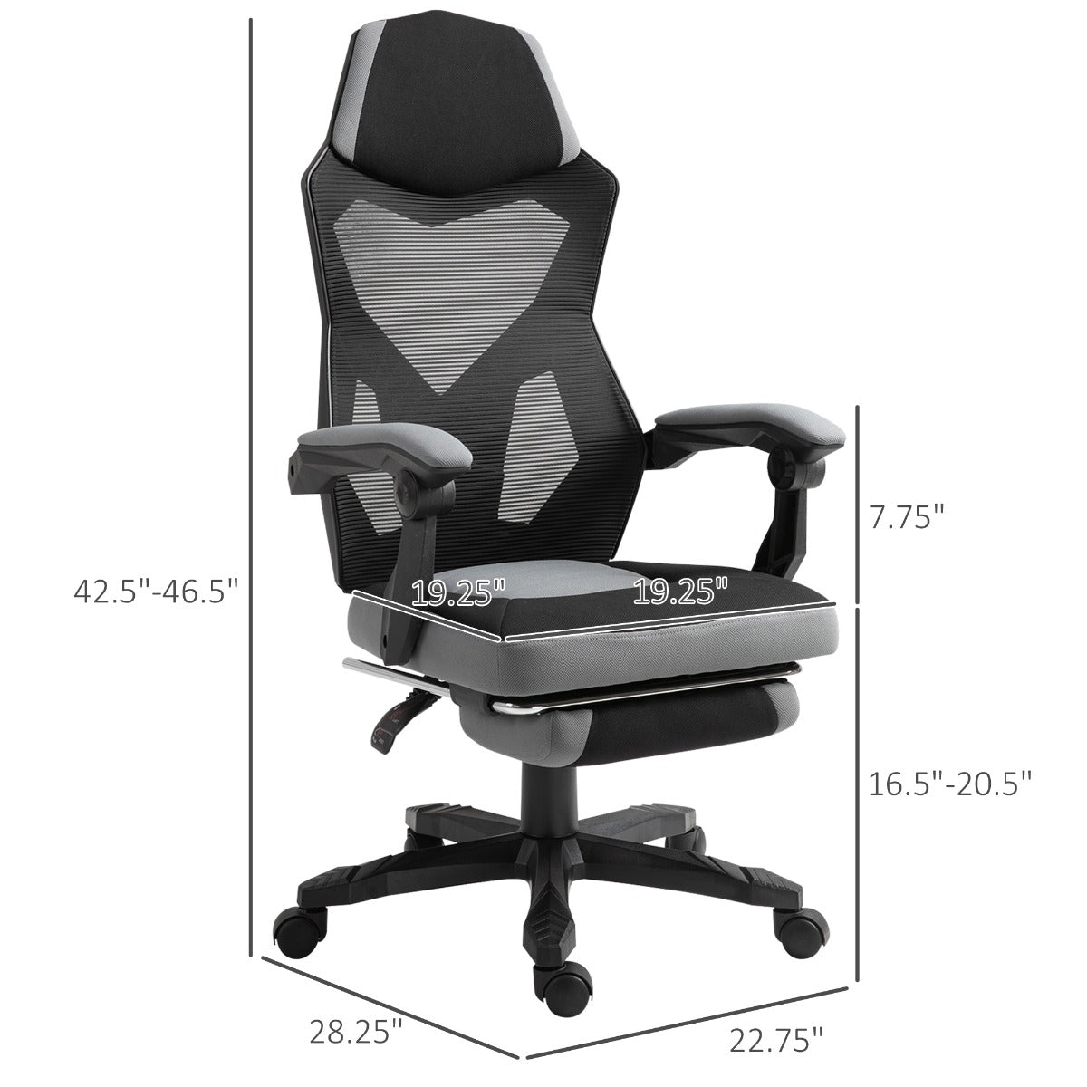 Home Office Chair Adjustable Height Recliner with Retractable Footrest, Mesh Back - Gray