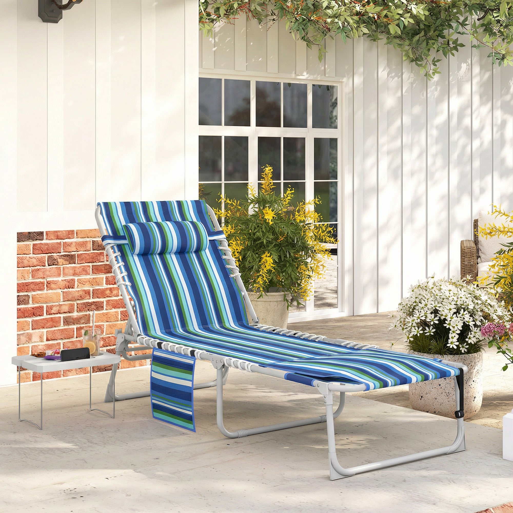 Tanning Chair with Face Hole and Side Table, 5-Position Folding Outdoor Chaise Lounge Chair, Blue Stripe