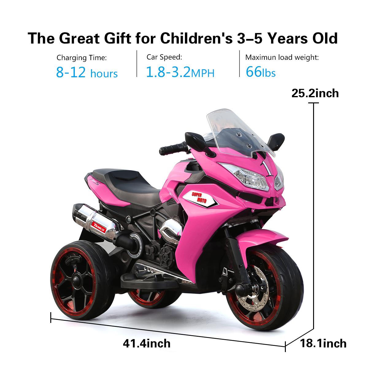 12V Kids Electric Ride-On Motorcycle with LED Headlight and Lighting Wheels, Motorbike Perfect for Ages 3–6, 41.5" L x 18" W x 25" H, Pink