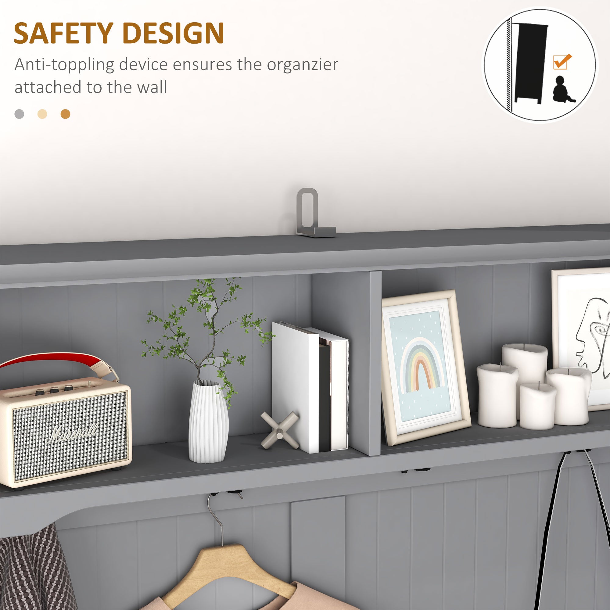 3-in-1 Hall Tree, Entryway Bench with Coat Rack, Mudroom Bench with Shoe Rack, 2 Storage Drawers, 4 Hooks and Padded Seat Cushions for Hallway, Gray