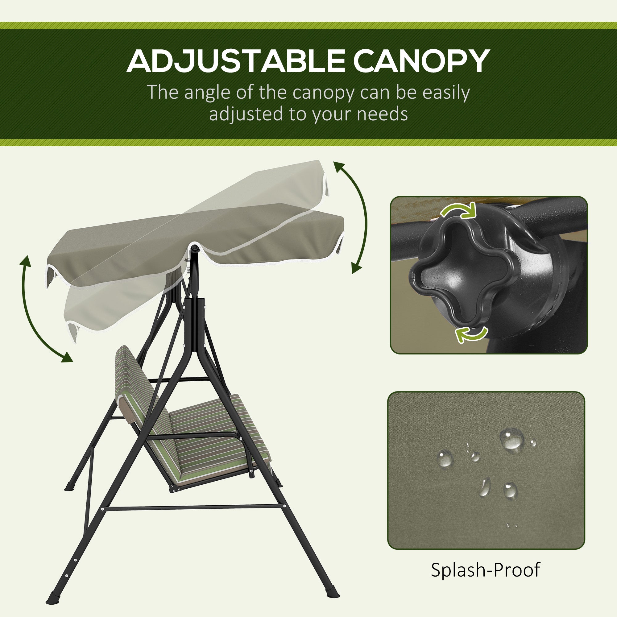 3-Seat Outdoor Patio Swing Chair w/ Cushion, Steel Frame Stand, Adjustable Tilt Canopy for Patio, Garden, Beige & Green