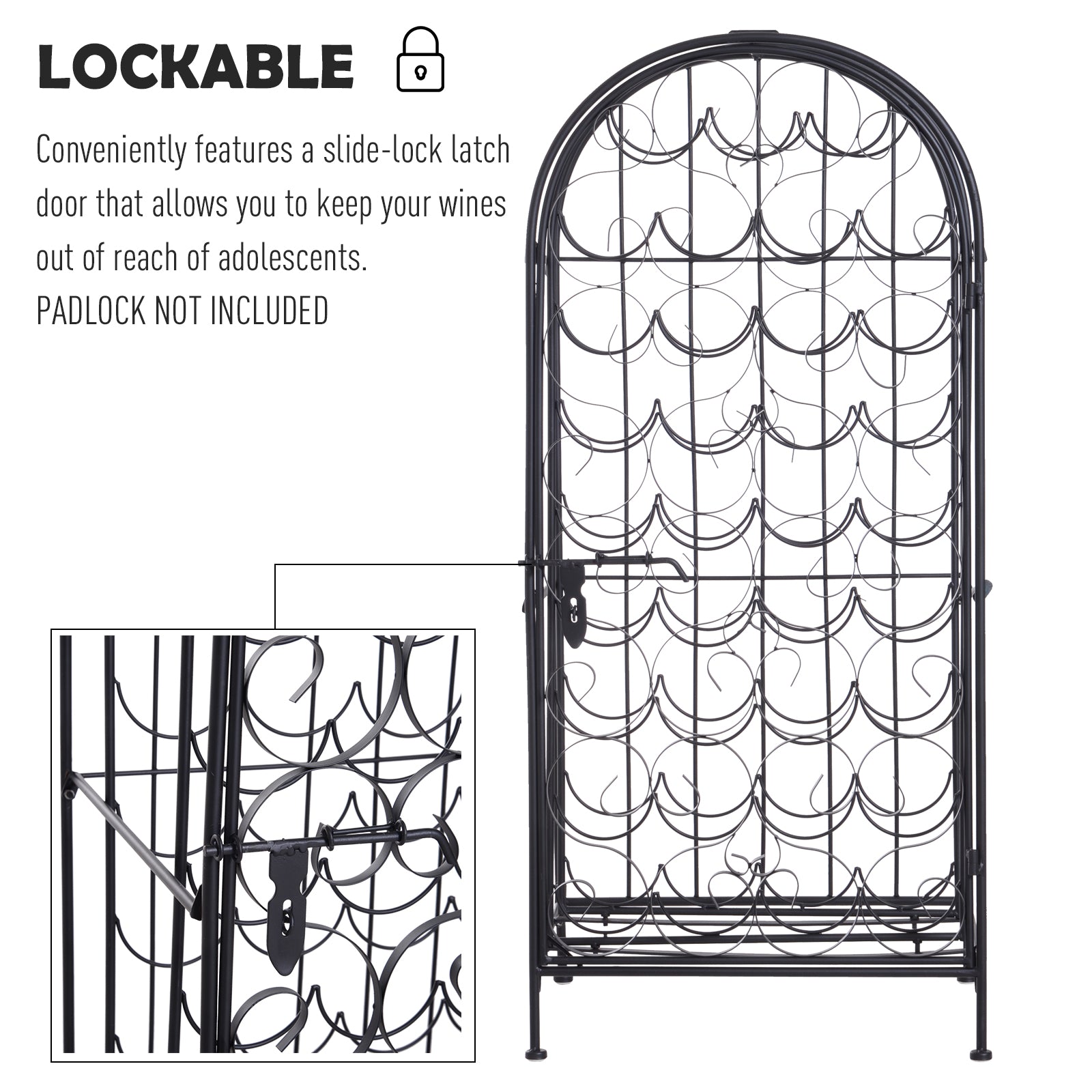35 Bottle Wrought Iron Wine Rack Cabinet with Lock, Black