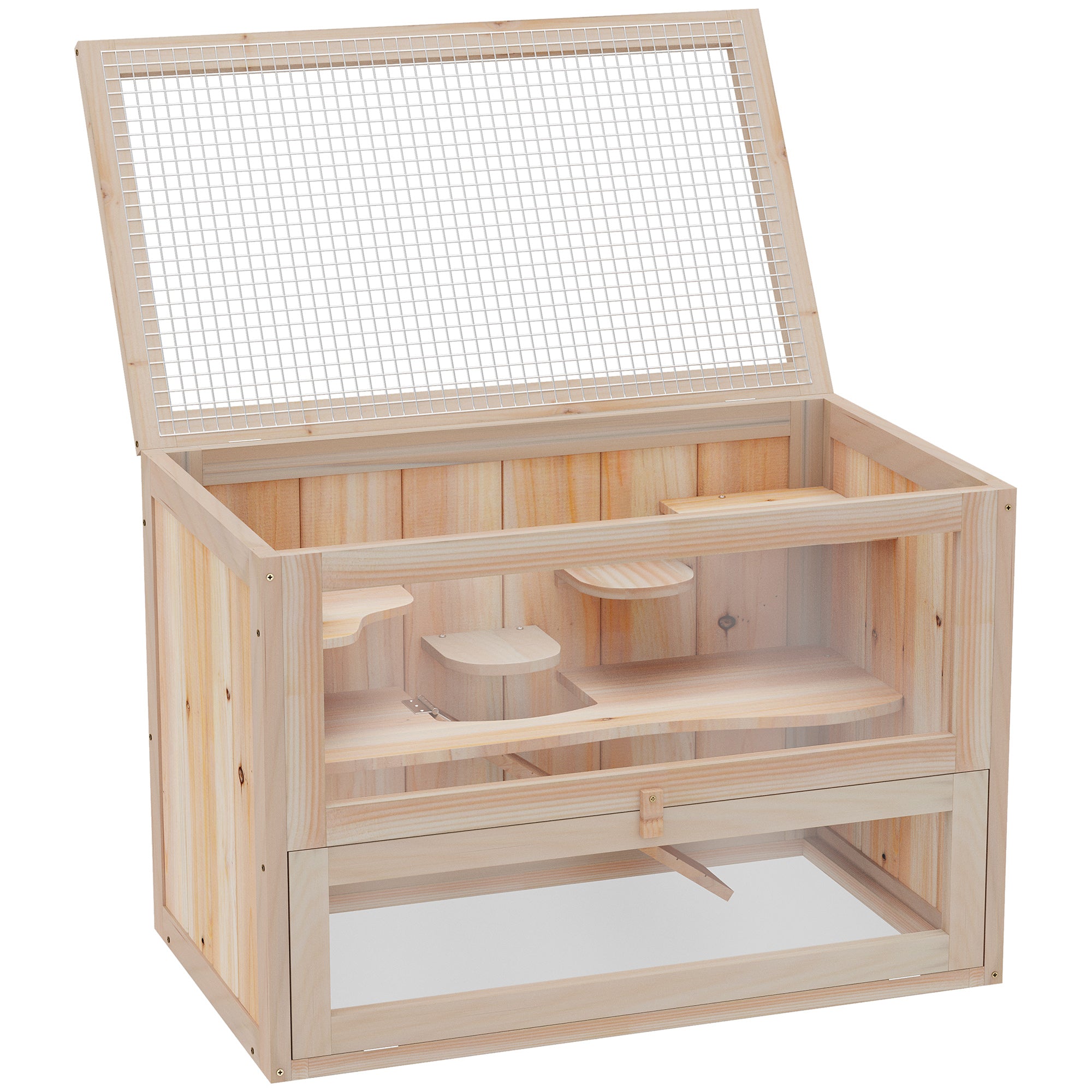 2-Level Hamster Cage Mice and Rat House, Small Animal Habitat for Guinea Pigs, Chinchillas with Openable Top, Front Door, Shelf and Ladder, Natural