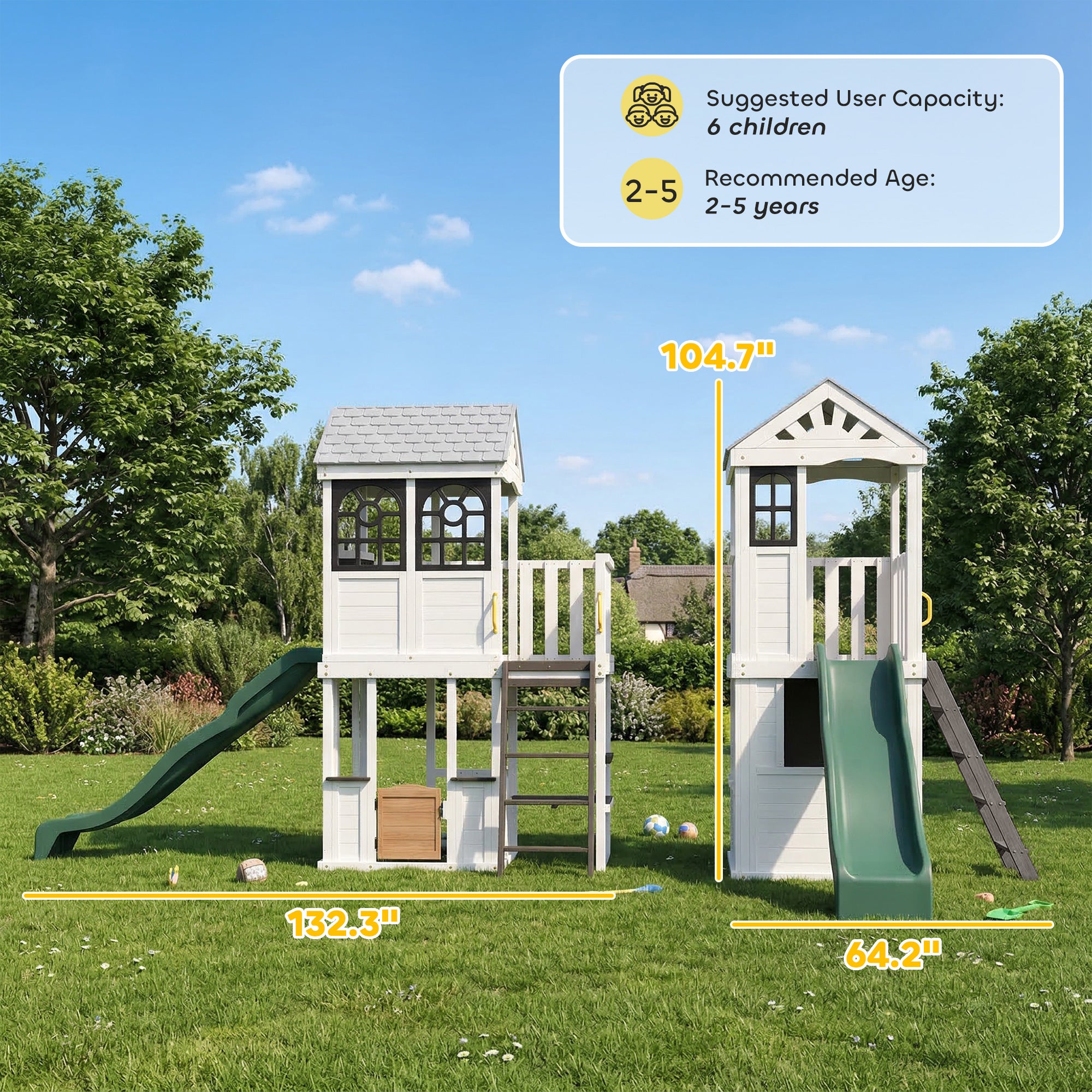 Two-Story Outdoor Playhouse, Wooden Kids Playhouse with Slide, Table & Bench, Play Kitchen, Ladder, Blackboard, White