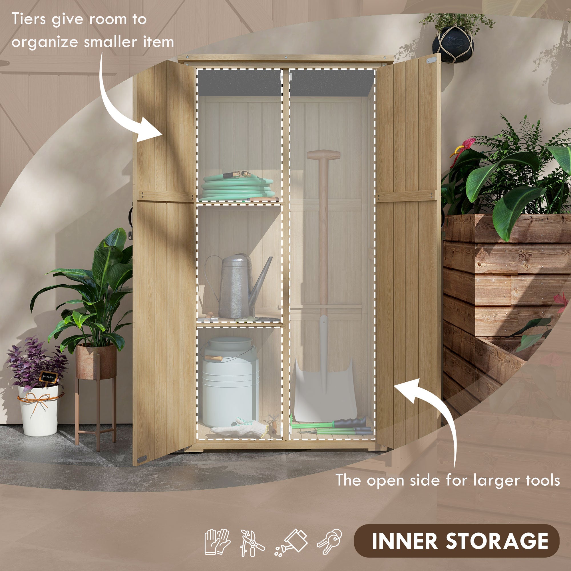 Wooden Outdoor Storage Cabinet Garden Shed with Waterproof Asphalt Roof and Lockable Doors, Natural