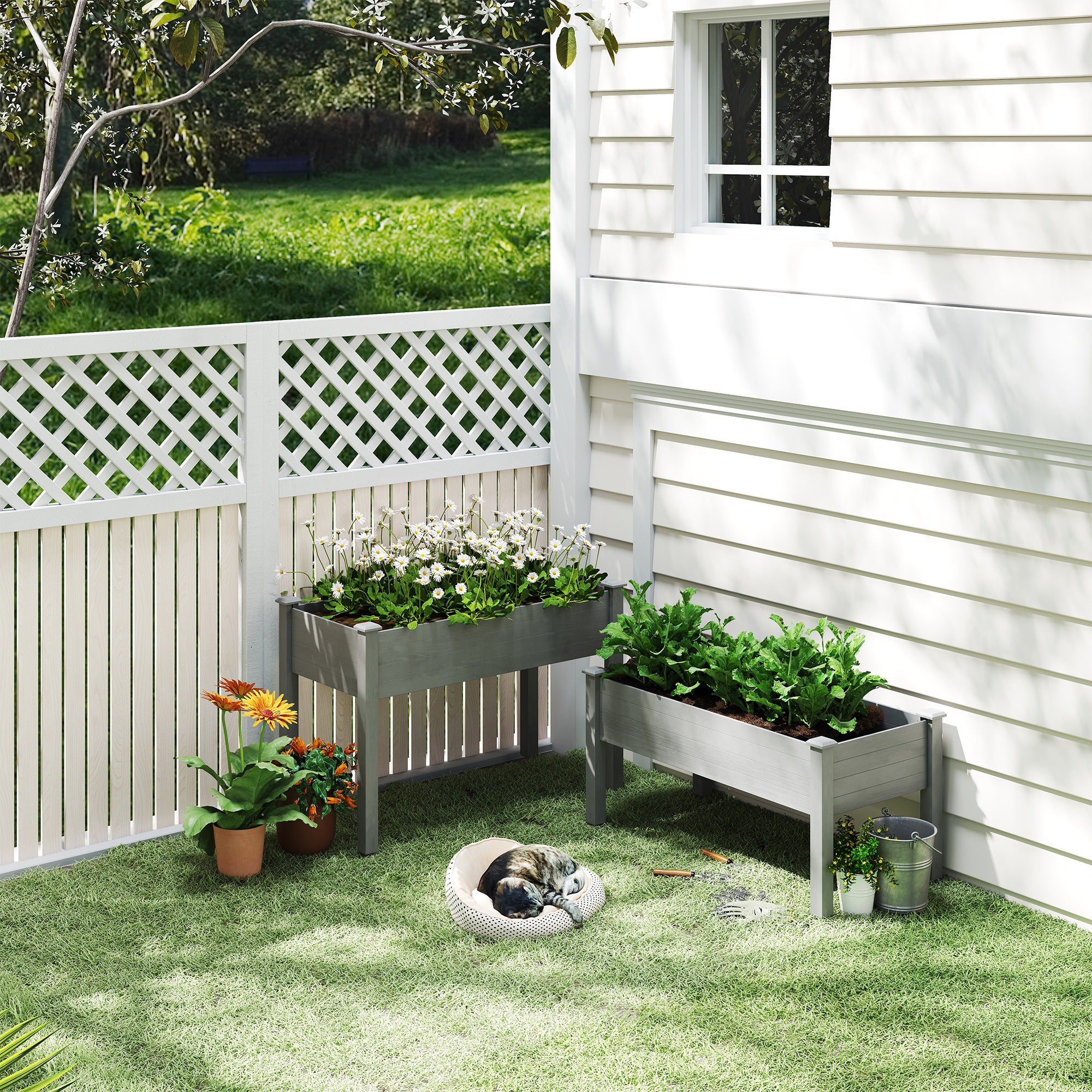 2 Tier Raised Garden Bed, Wooden Elevated Planter Box with Legs, Outdoor Plant Bed for Flowers Vegetables Herbs Gray