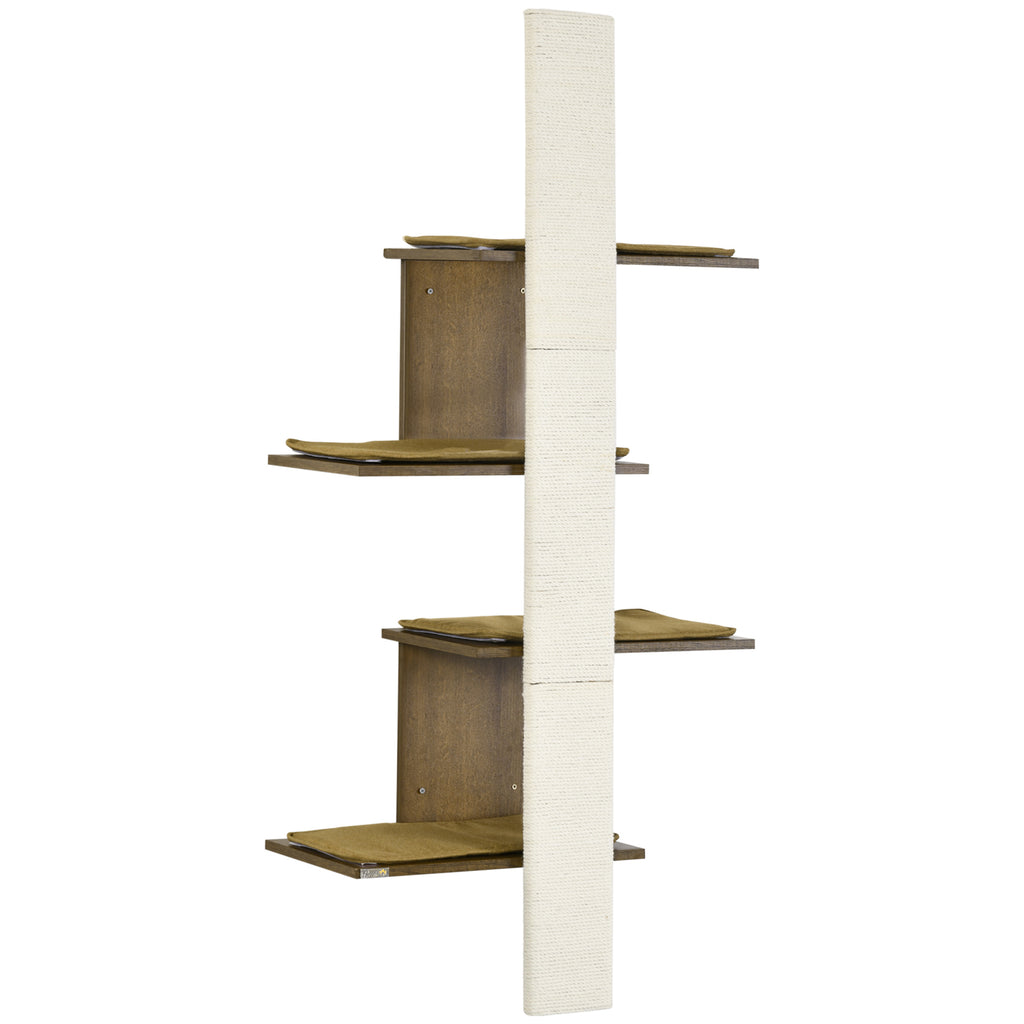 Wall-Mounted Cat Tree, 4-Layer Cat Wall Shelves Furniture with Scratching Board, Kitten Activity Center with Cushions, Natural