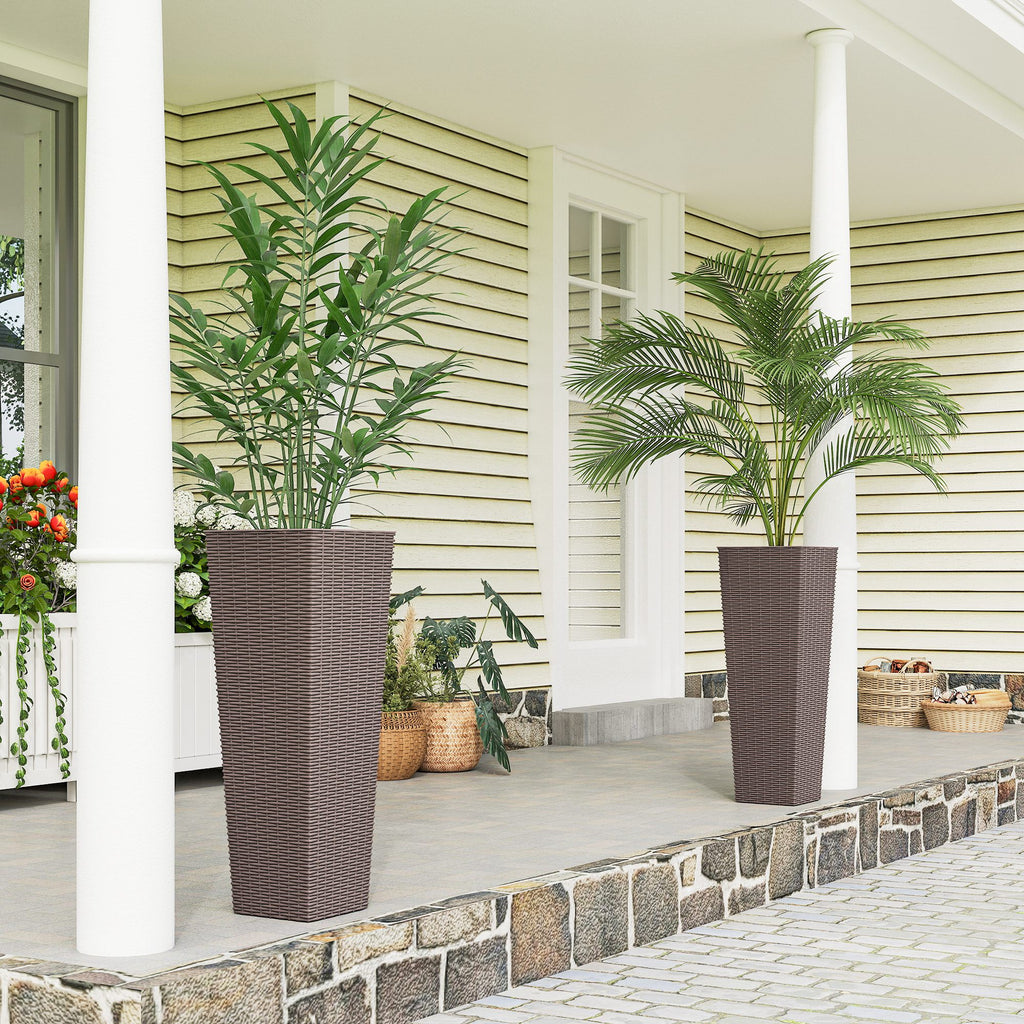 32 Inch Tall Planters for Outdoor Plants, Set of 2 Plastic Flower Pots with Drainage Holes, Brown
