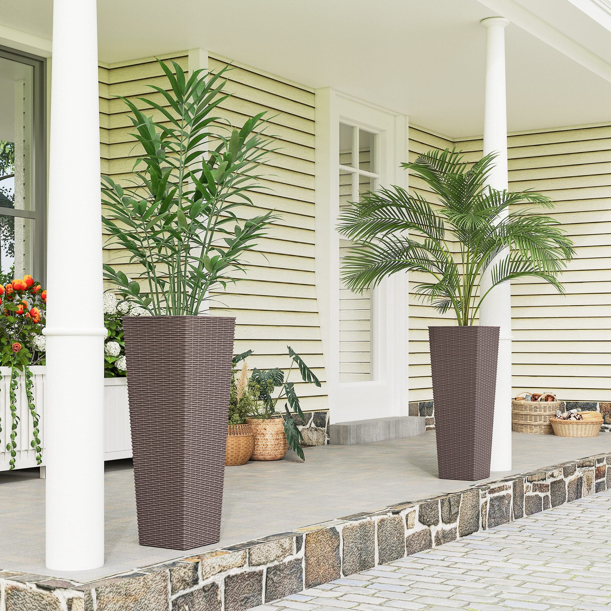 32 Inch Tall Planters for Outdoor Plants, Set of 2 Plastic Flower Pots with Drainage Holes, Brown