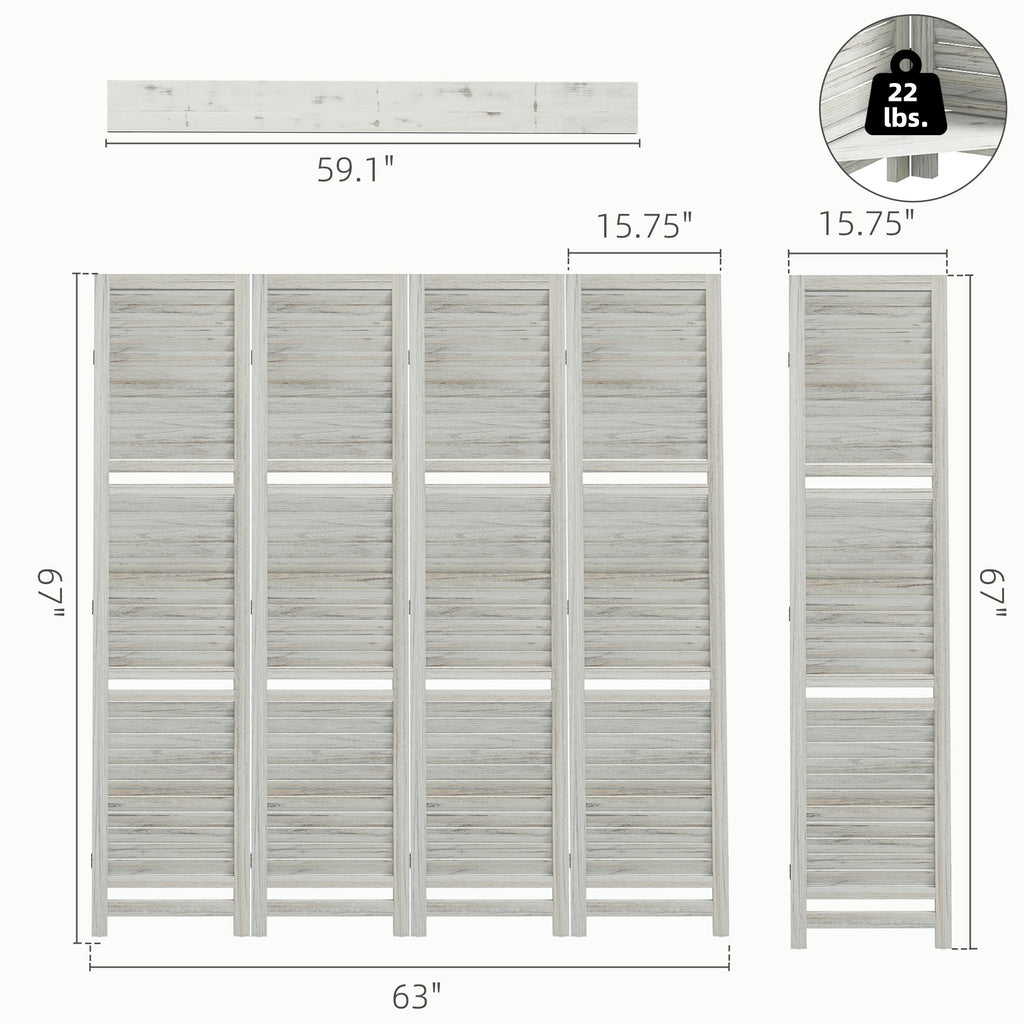 4 Panel 67" Tall Wood Privacy Screen Room Divider with 3 Shelves and Folding Storage for Bedroom, Distressed White
