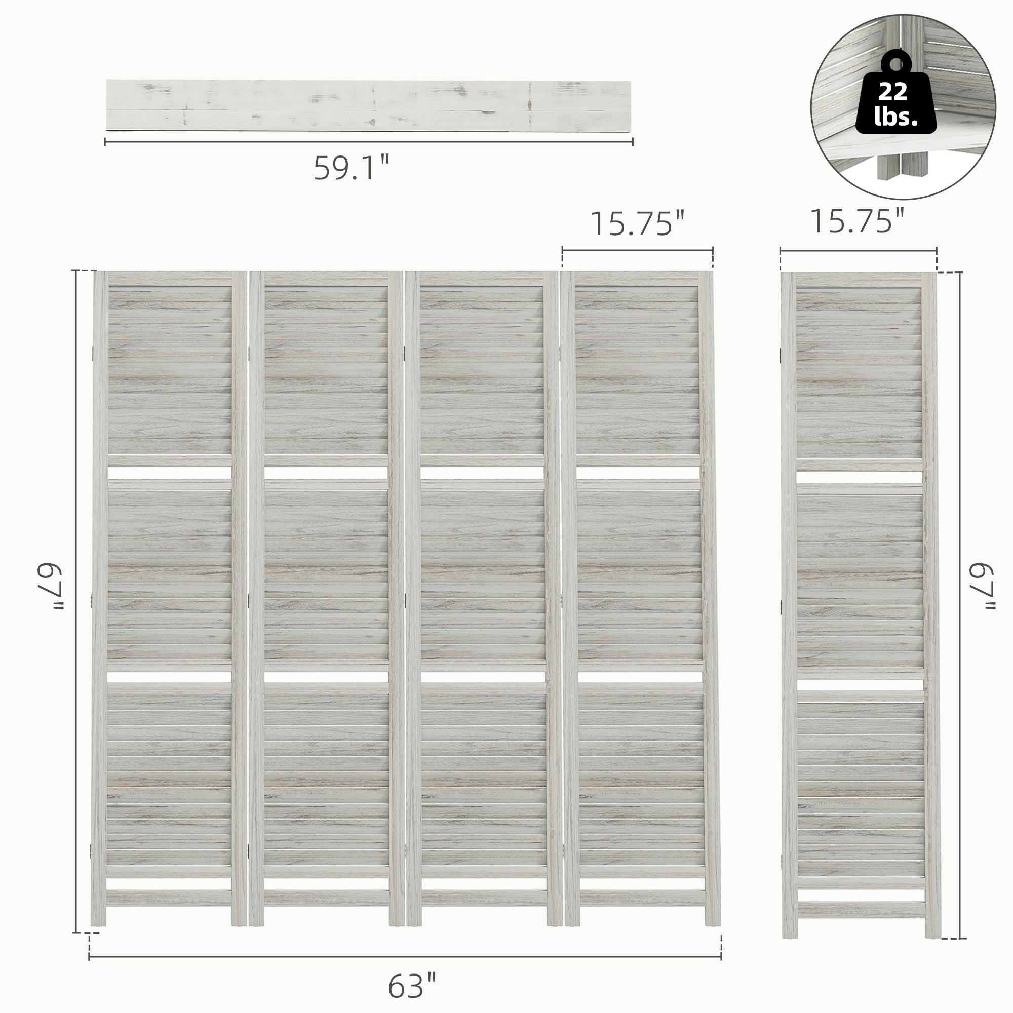 4 Panel 67" Tall Wood Privacy Screen Room Divider with 3 Shelves and Folding Storage for Bedroom, Distressed White