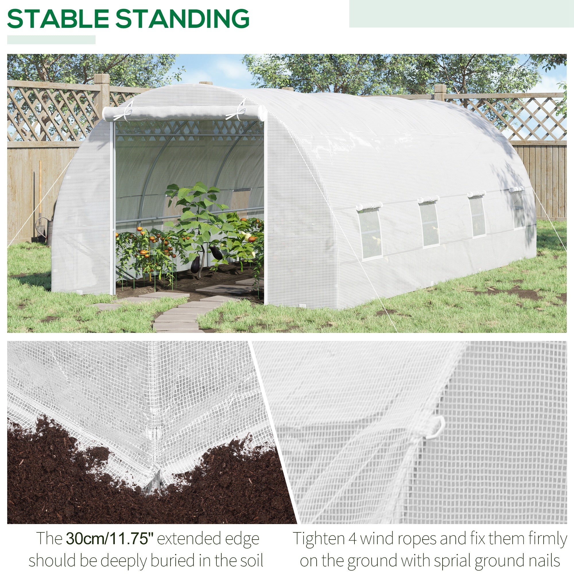 20' x 10' x 7' Walk-In Tunnel Greenhouse with Zippered Door & 8 Mesh Windows, Large Garden Green House Kit, Galvanized Steel Frame, White
