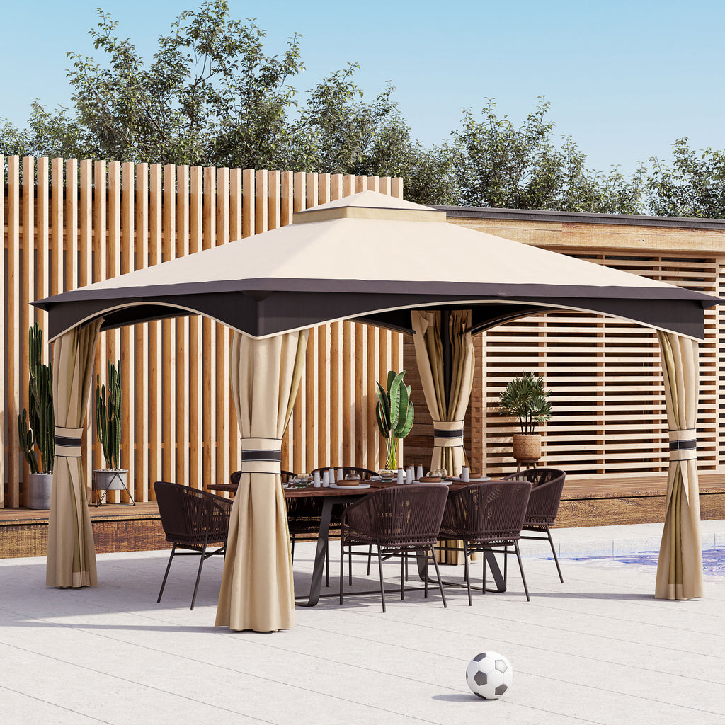 10' x 12' Outdoor Gazebo with Netting, Patio Gazebo Canopy with 2-Tier Soft Top Roof and Steel Frame for Lawn, Garden, Backyard and Deck