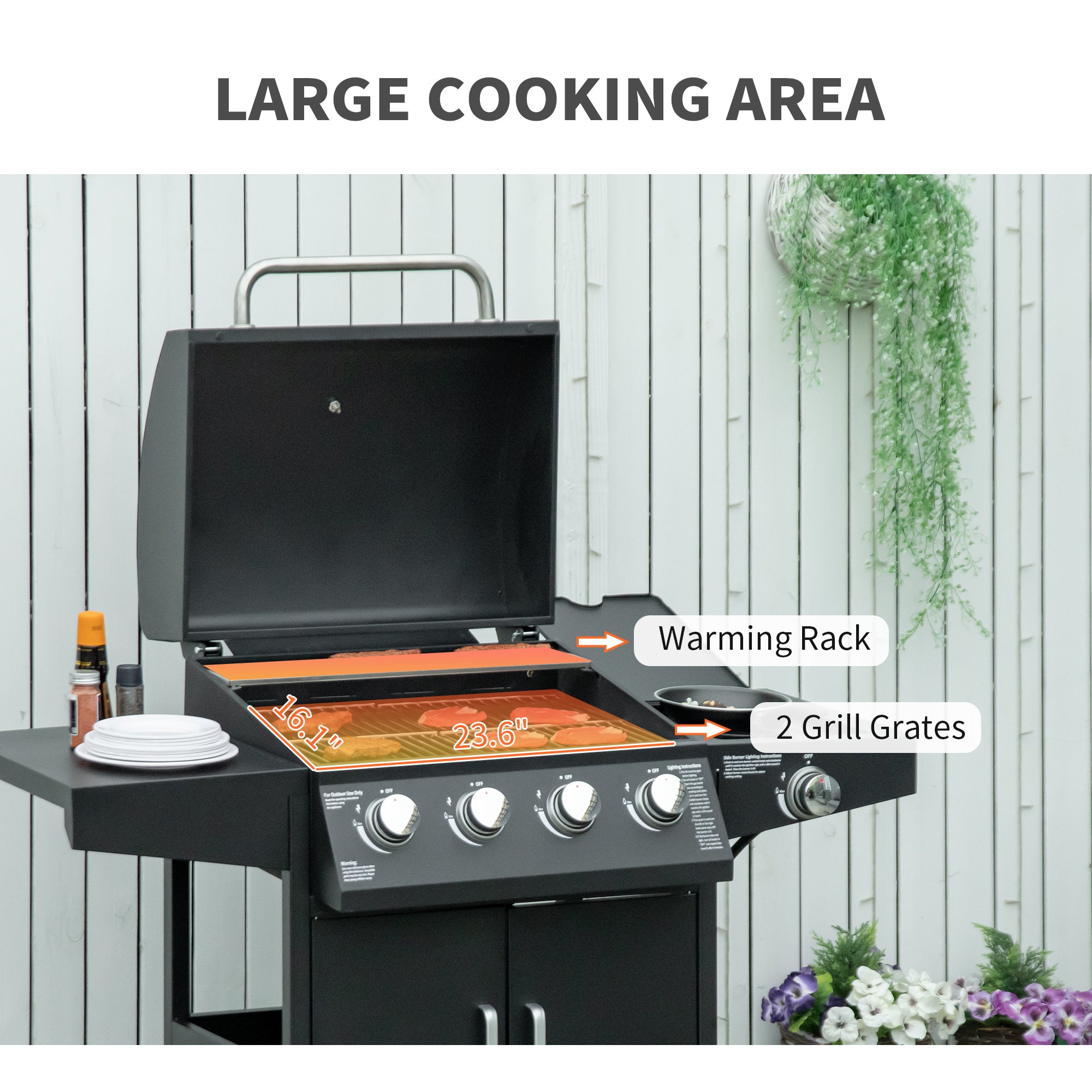 52" Barbecue Grill with Wheels 4+1 Burner Liquid Propane Gas Grill Outdoor Cabinet Style BBQ Trolley w/ Side Burner, Warming Rack