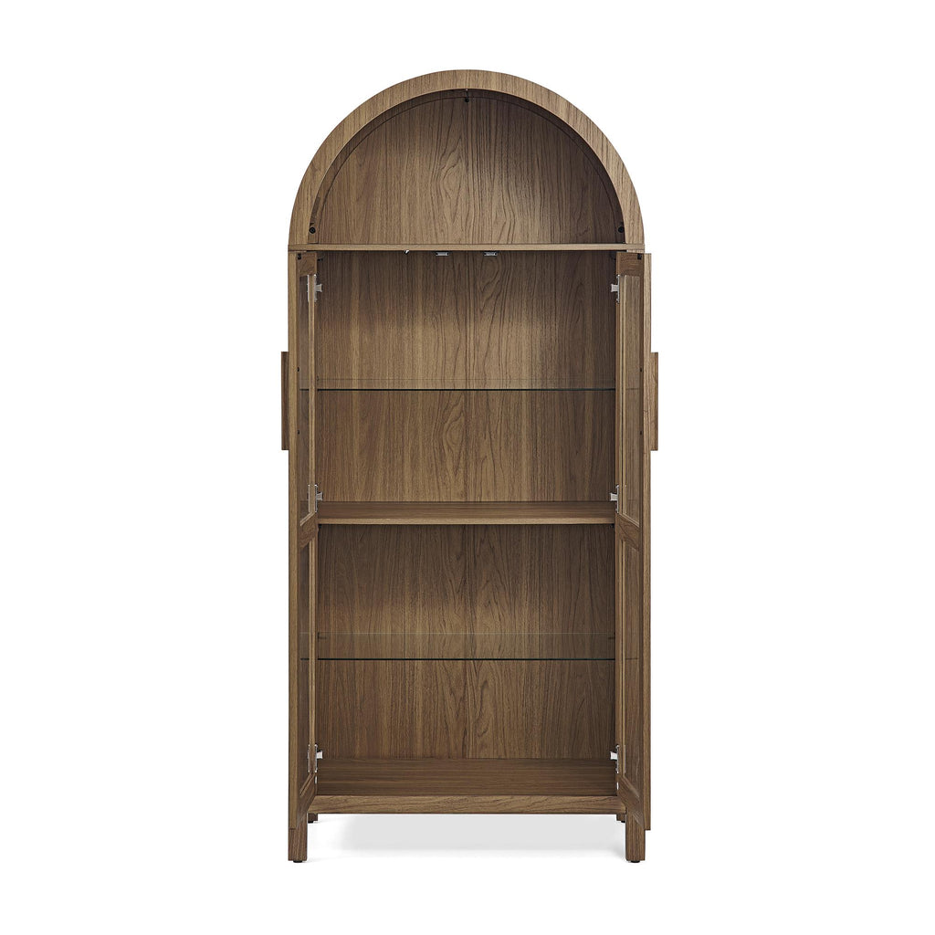 Arched Top Storage Cabinet with LED Light Strip, Adjustable Glass Shelves, Modern Bookcase for Living Room, 30" L x 15.5" W x 67" H, Brown