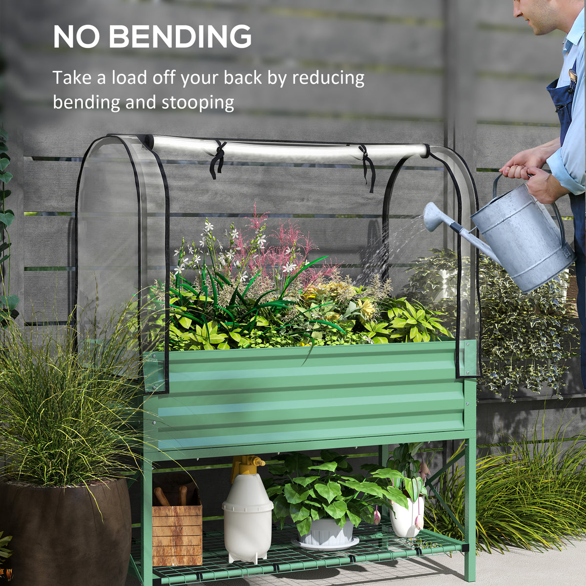 Raised Garden Bed with Legs and Cover, Metal Elevated Planter Box with Bottom Shelf and Liner for Vegetables, Green