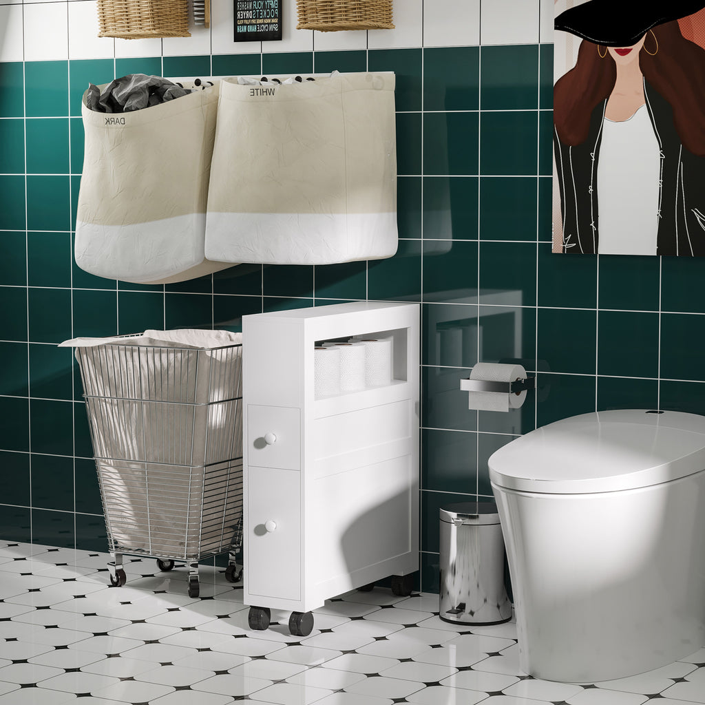 6.25" x 20.5" x 28.25" Wood Rolling Narrow Bathroom Side Storage Cabinet - White