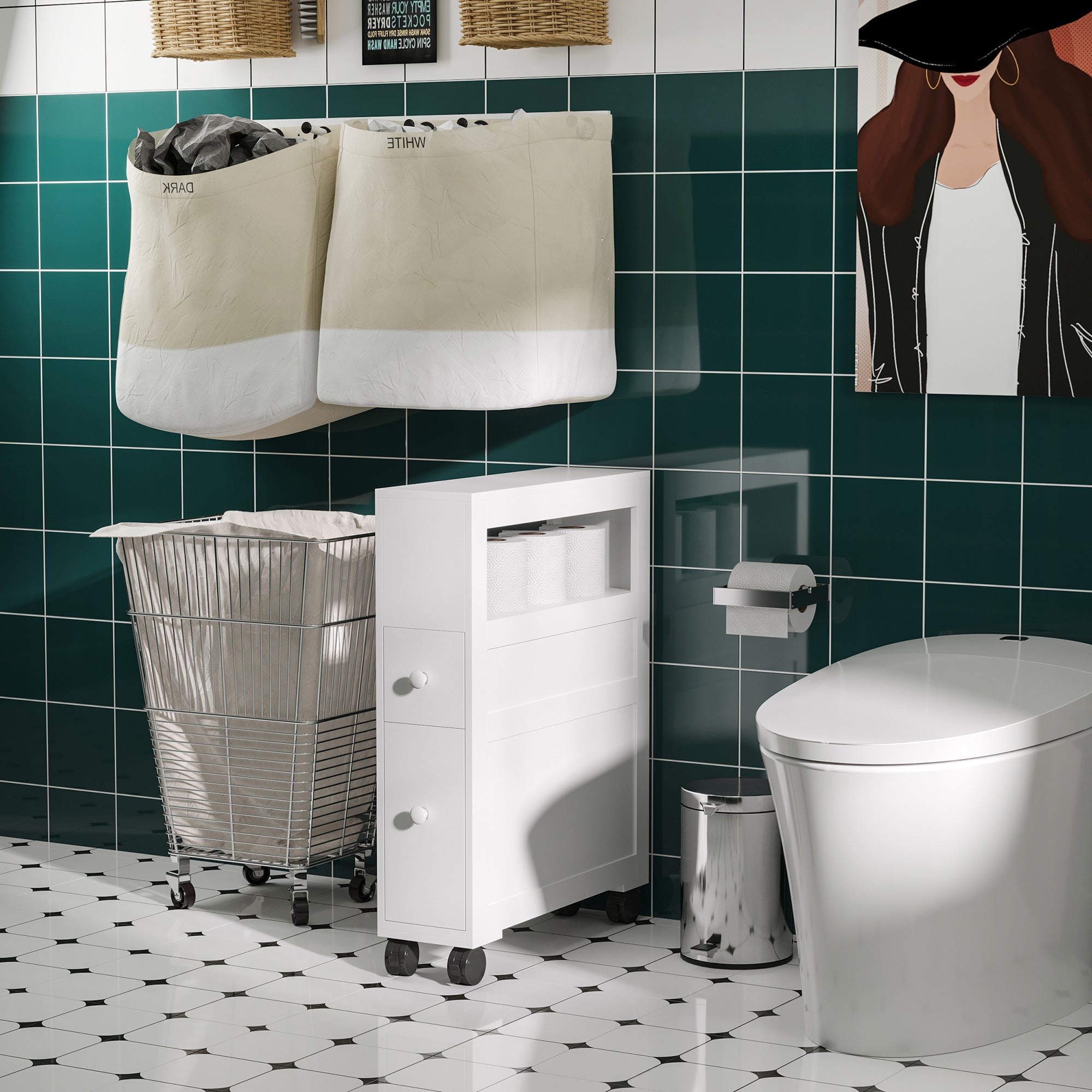 6.25" x 20.5" x 28.25" Wood Rolling Narrow Bathroom Side Storage Cabinet - White