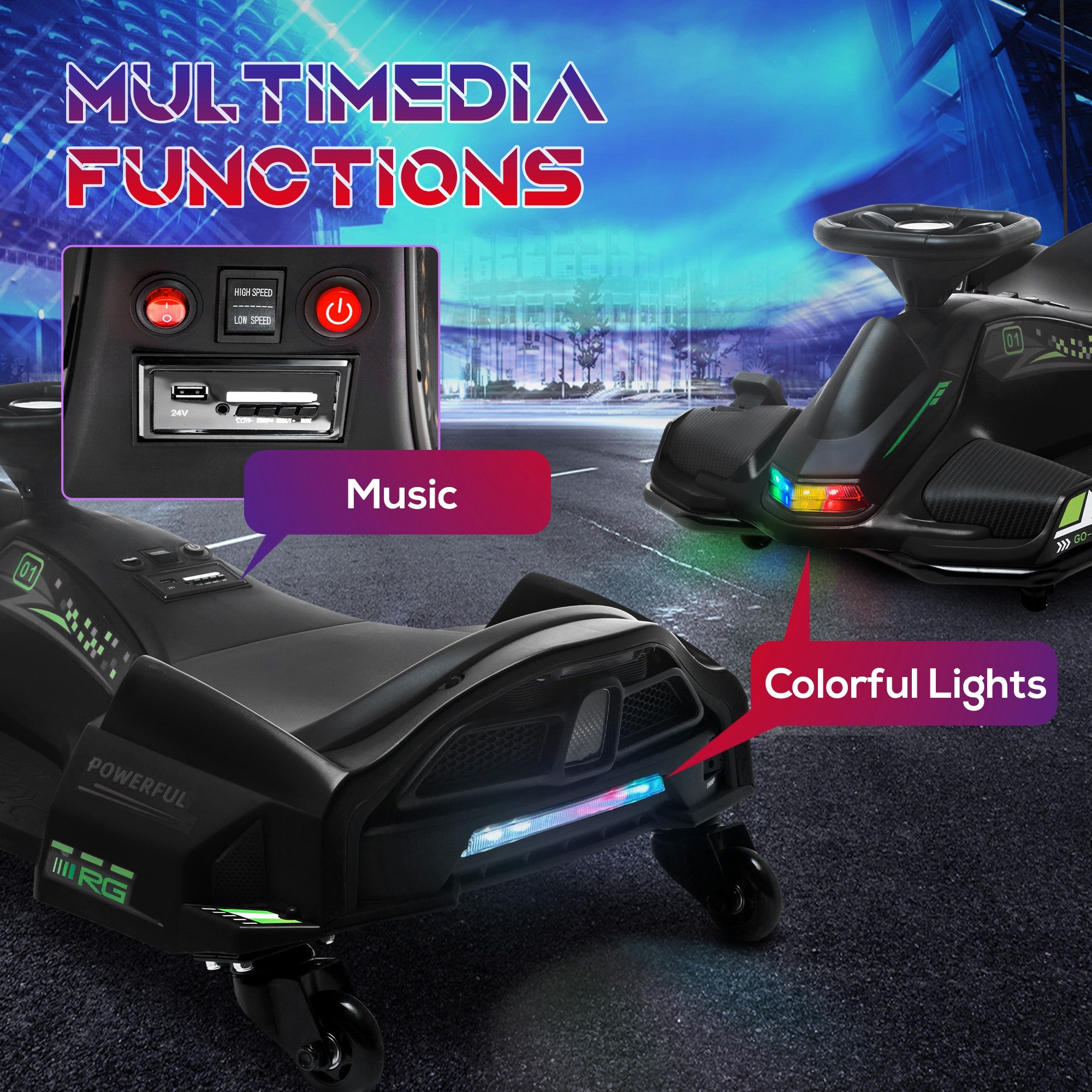 12V Electric Drifting Go Kart w/ Slow Start, Music, Lights, Black