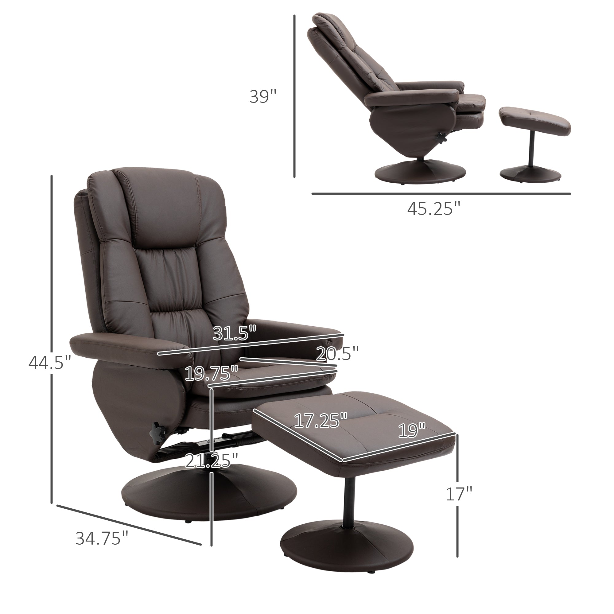 PU Leather Recliner Chair with Ottoman, Swivel Recliner and Ottoman with Round Wrapped Base for Living Room, Brown