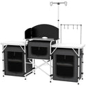 Aluminum Camping Kitchen, Portable Folding Camping Table with Fabric Cupboards, Windshield, Bag for BBQ, Picnic, Black