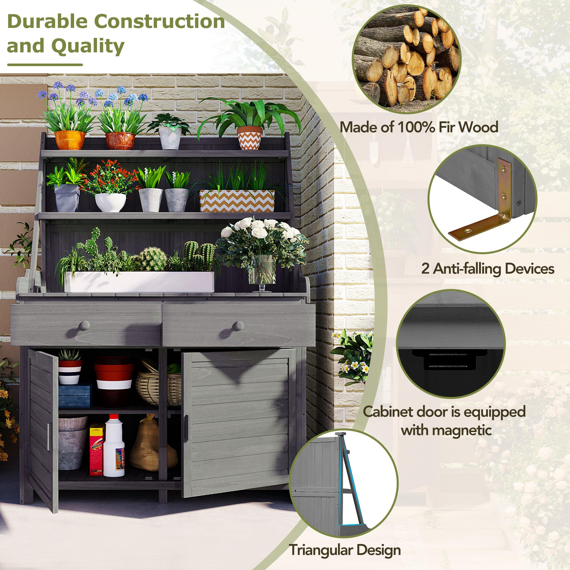 Fir Wood Potting Bench with Drawer & Cabinet for Garden, Outdoor Garden Workstation with Three-Tier Shelf, 47'' L x 23'' W x 65'' H, Gray