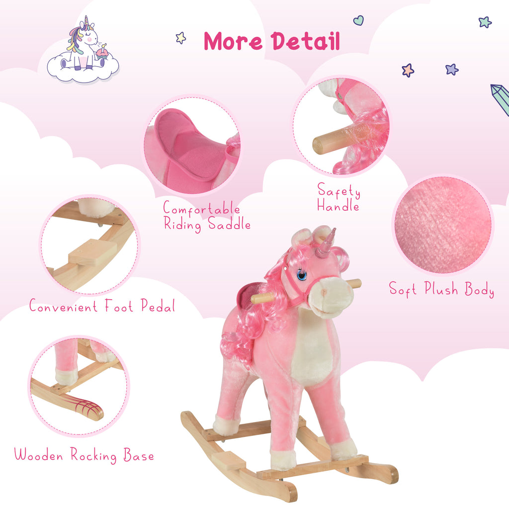 Kids Rocking Horse, Ride on Unicorn with Wooden Base, Tail Wag & Sounds for Toddlers 3-6 Years Old, Pink
