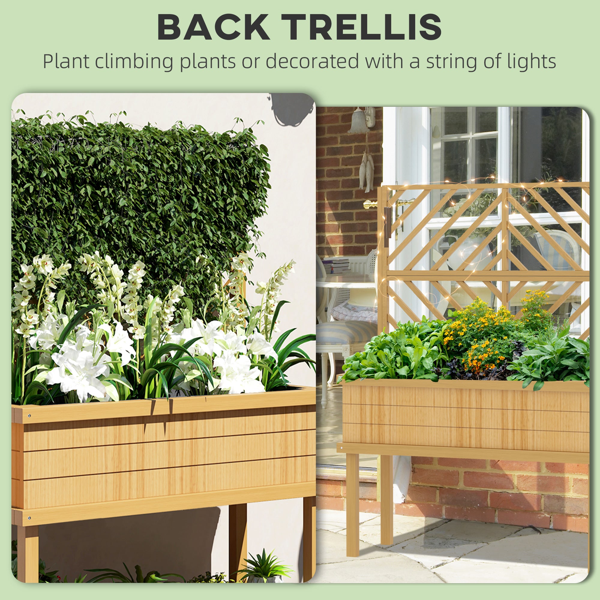 Elevated Wood Planter with Trellis for Climbing Plants, Raised Garden Bed with Legs and Drainage Holes, Natural Wood