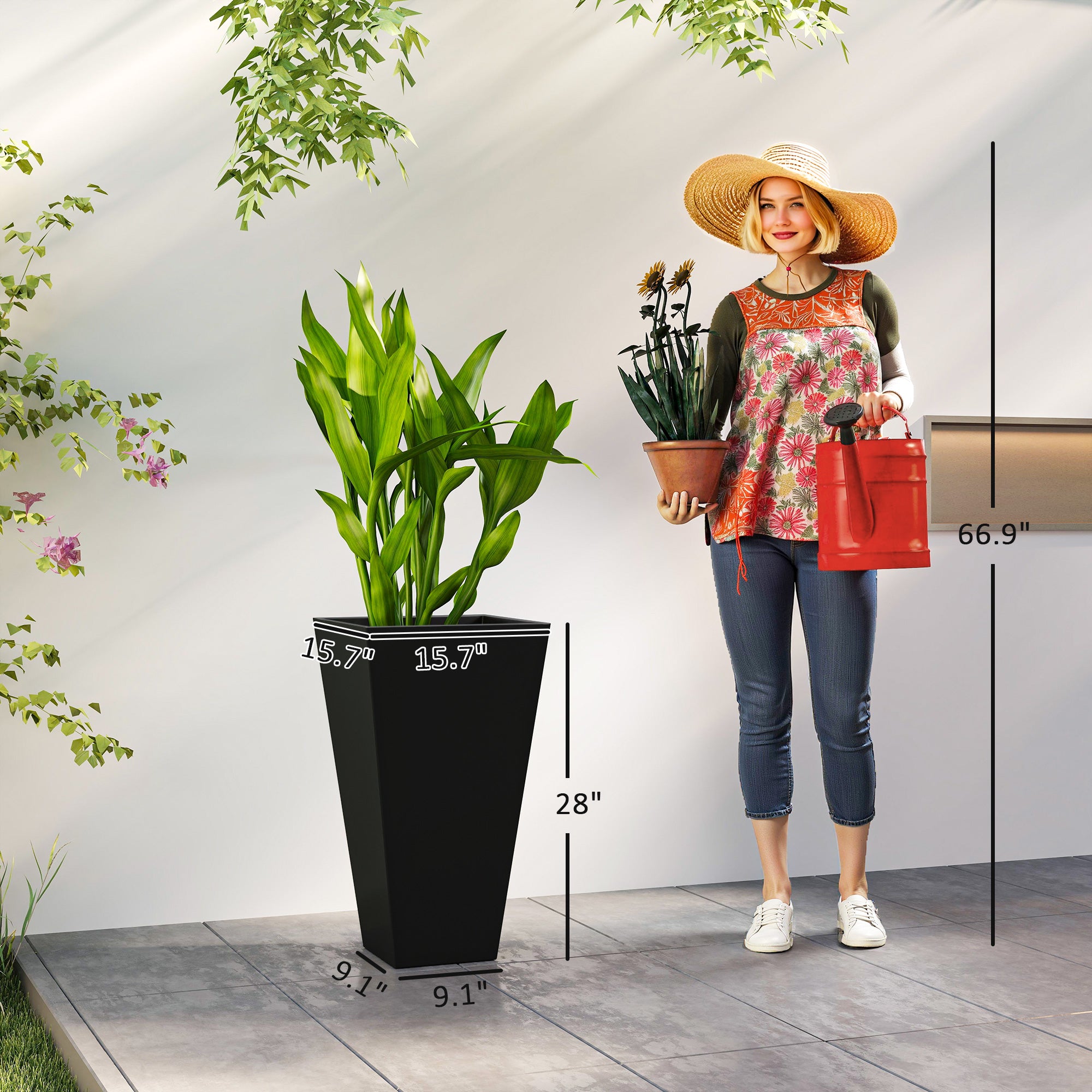 Tall Planters for Outdoor Plants Set of 3, 28 In Taper Planters with Drainage Holes, Indoor Grande Plant Pots, Front Porch Decor, Black