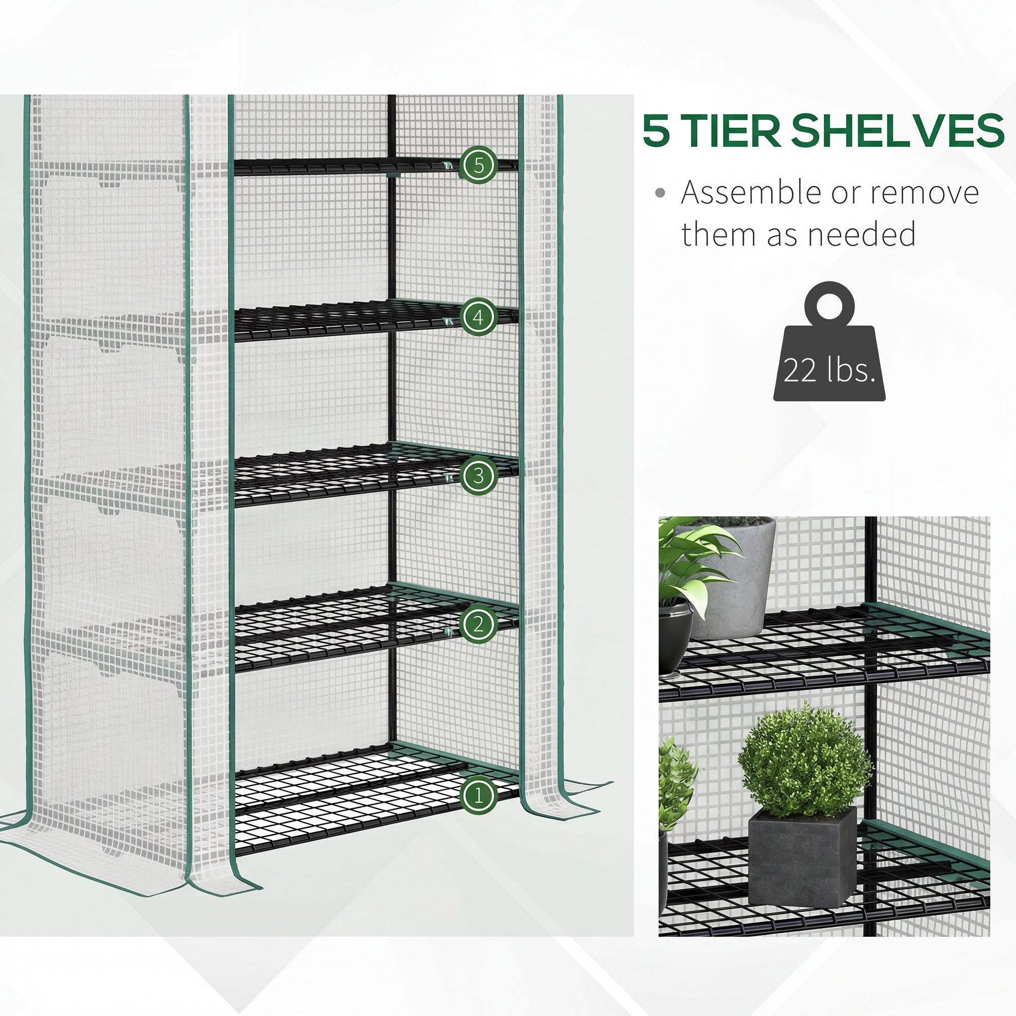 5 Tier Mini Greenhouse, Small Portable Greenhouse with PE Cover, Roll-Up Zippered Door, 76" x 35.4" x 19.3", White