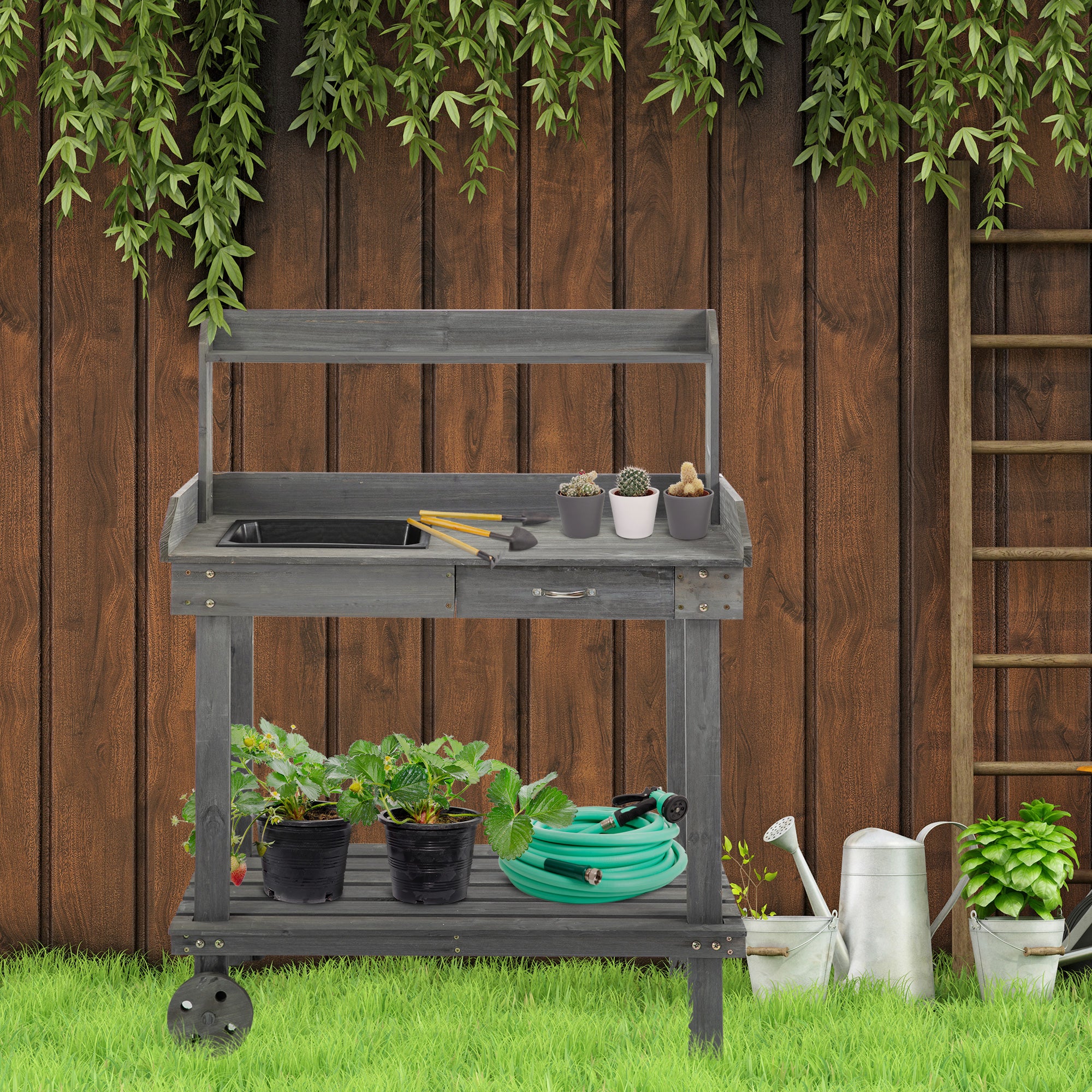 36'' Wooden Potting Bench Work Table with 2 Removable Wheels, Sink, Drawer & Large Storage Spaces, Gray