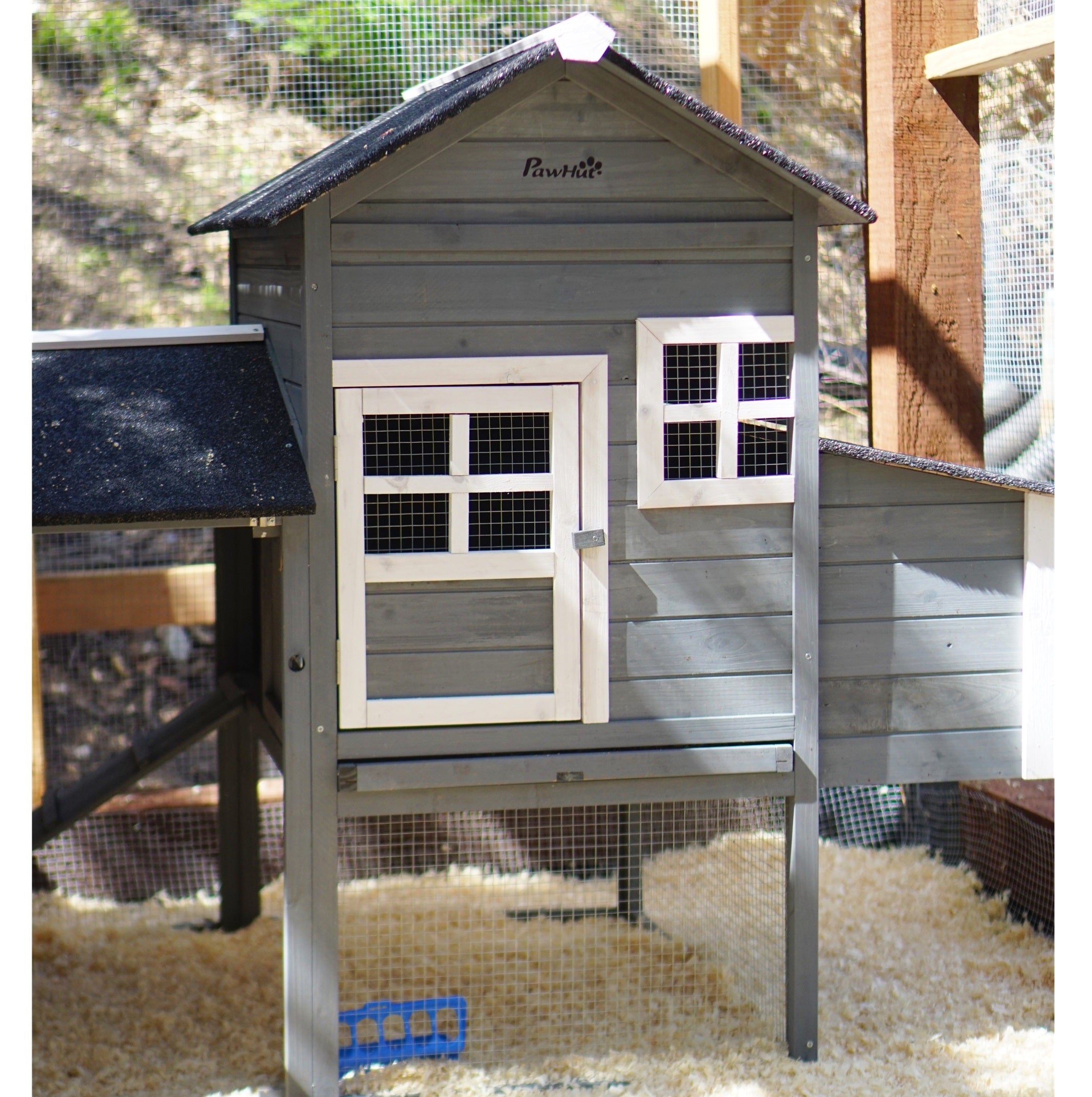 84" Wooden Chicken Coop, Hen House Outdoor with Run Nesting Box, Asphalt Roof, Removable Tray, Ramp, Poultry Cage for 2-3 Chickens, Gray