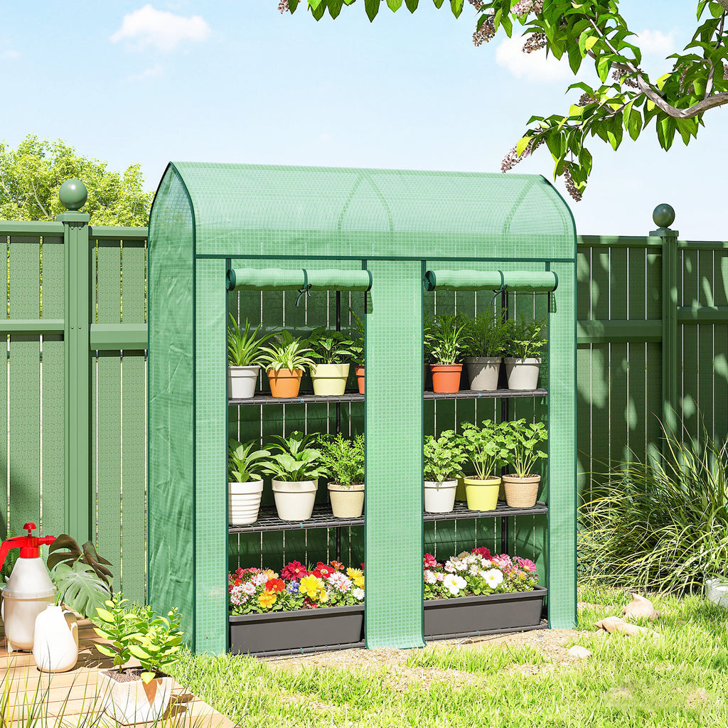 3 Tier Mini Greenhouse, Small Portable Greenhouse with 2 Roll-up Doors, 56.3" x 18.1" x 65", Green