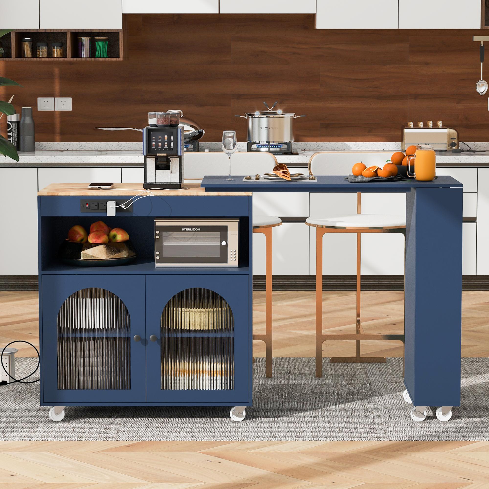 LED Kitchen Island with Extended Table, Power Outlets, Storage Shelves, Utility Cart with Fluted Glass Doors, 56.5" L x 33" W x 38" H, Navy Blue