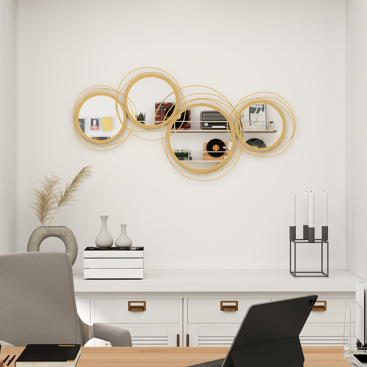 42.25" Circle Mirror for Wall, Modern Metal Wall Art for Living Room, Bedroom and Dining Room, Gold