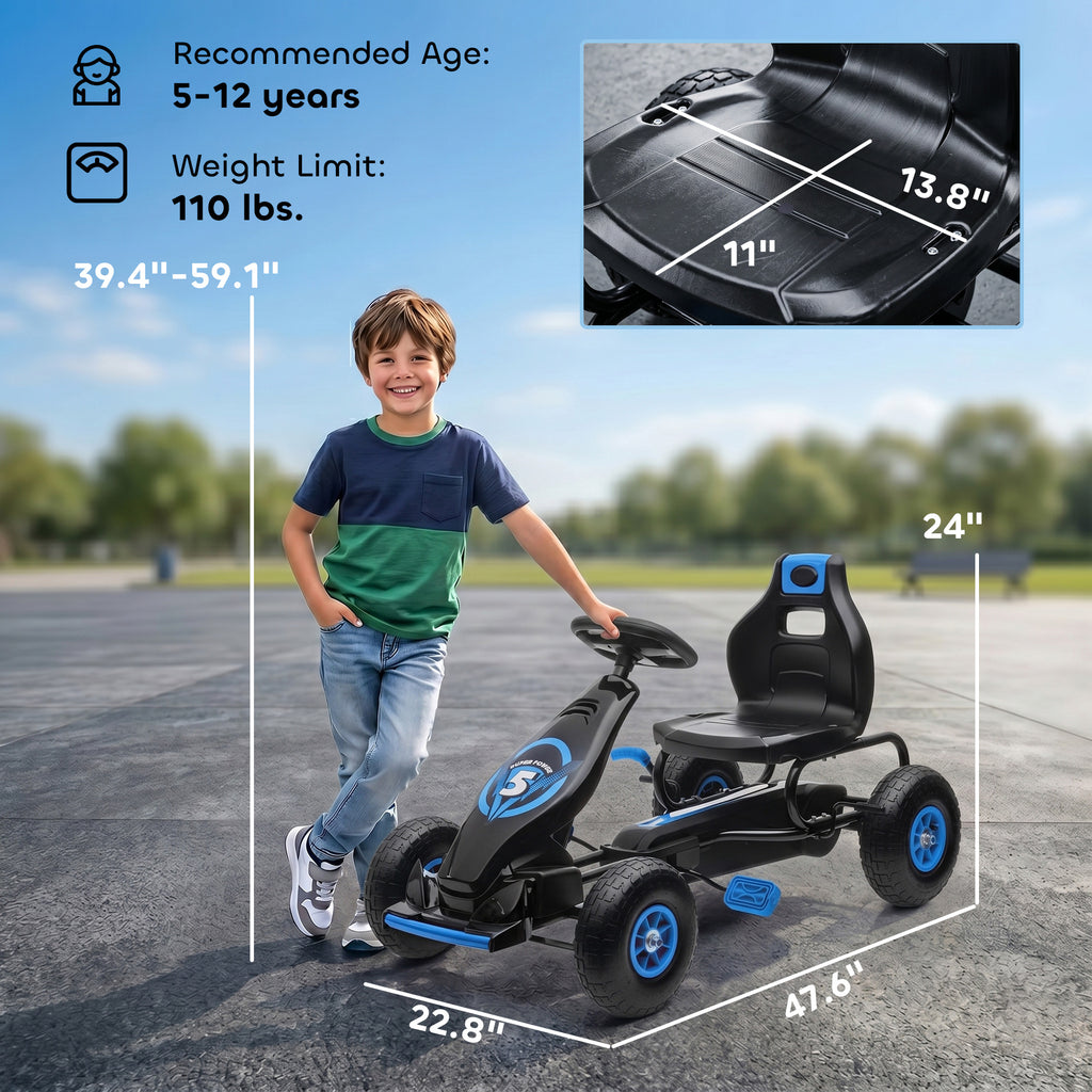 Kids Pedal Go Kart Ride-on Toy with Ergonomic Comfort, Pedal Car with Tough, Wear-Resistant Tread, Go Cart Kids Car for Boys & Girls with Suspension System, Safety Hand Brake, Ages 5-12, Blue