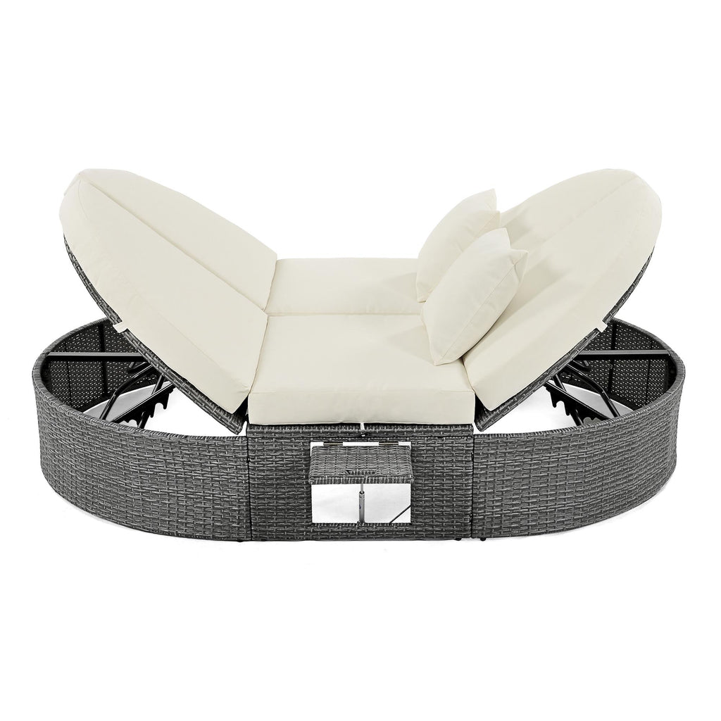 2-Person Patio Daybed with Adjustable Backrest & Cup Tray, Wicker Chaise Lounge with Thick Cushion, 78.5'' L x 55.5'' W x 16.5'' H, Beige