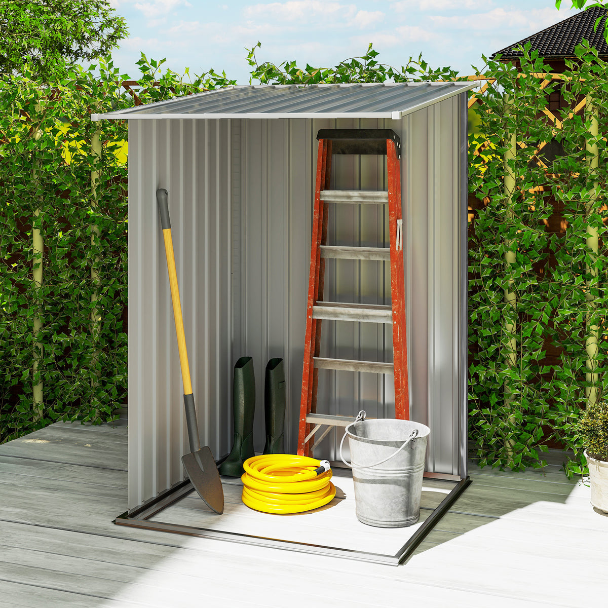 Outdoor 3.3' x 3.4' Lean-to Garden Storage Shed, Galvanized Steel Tool House with Lockable Door for Patio, Gray