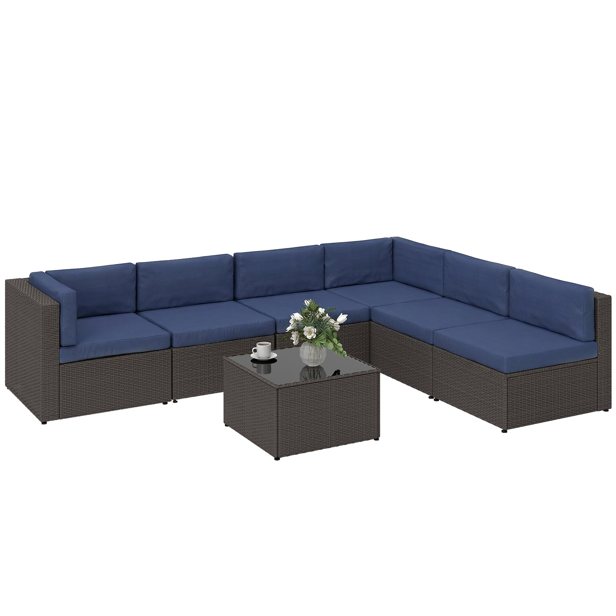 7 Piece Patio Furniture Set, All Weather PE Rattan Outdoor Furniture Conversation Sets with Glass Top Coffee Table