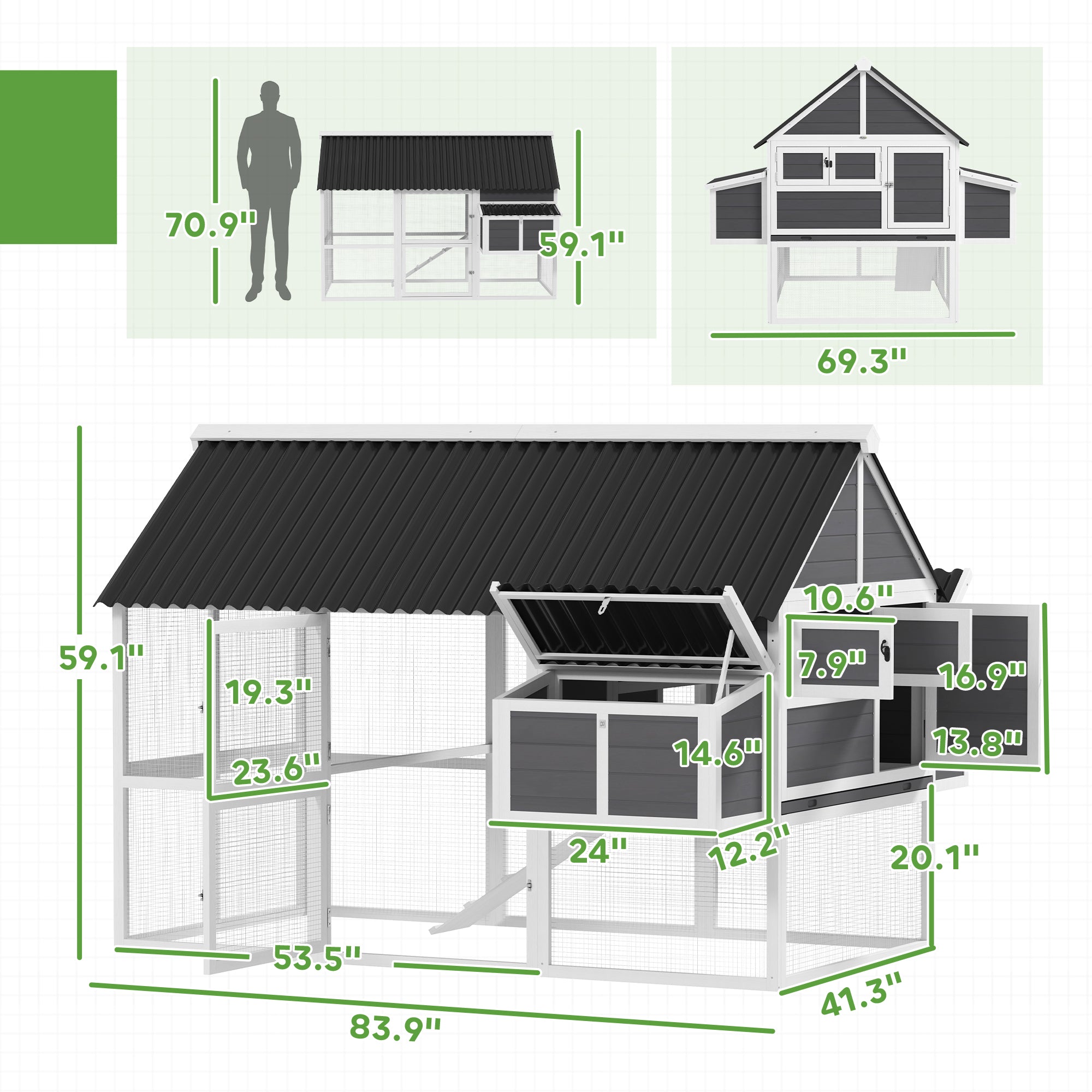 Wooden Chicken Coop with Run, 2 Nesting Boxes, 2 Roosting Bars, Ramp & Tray, Poultry Cage for 4-6 Chickens, Gray