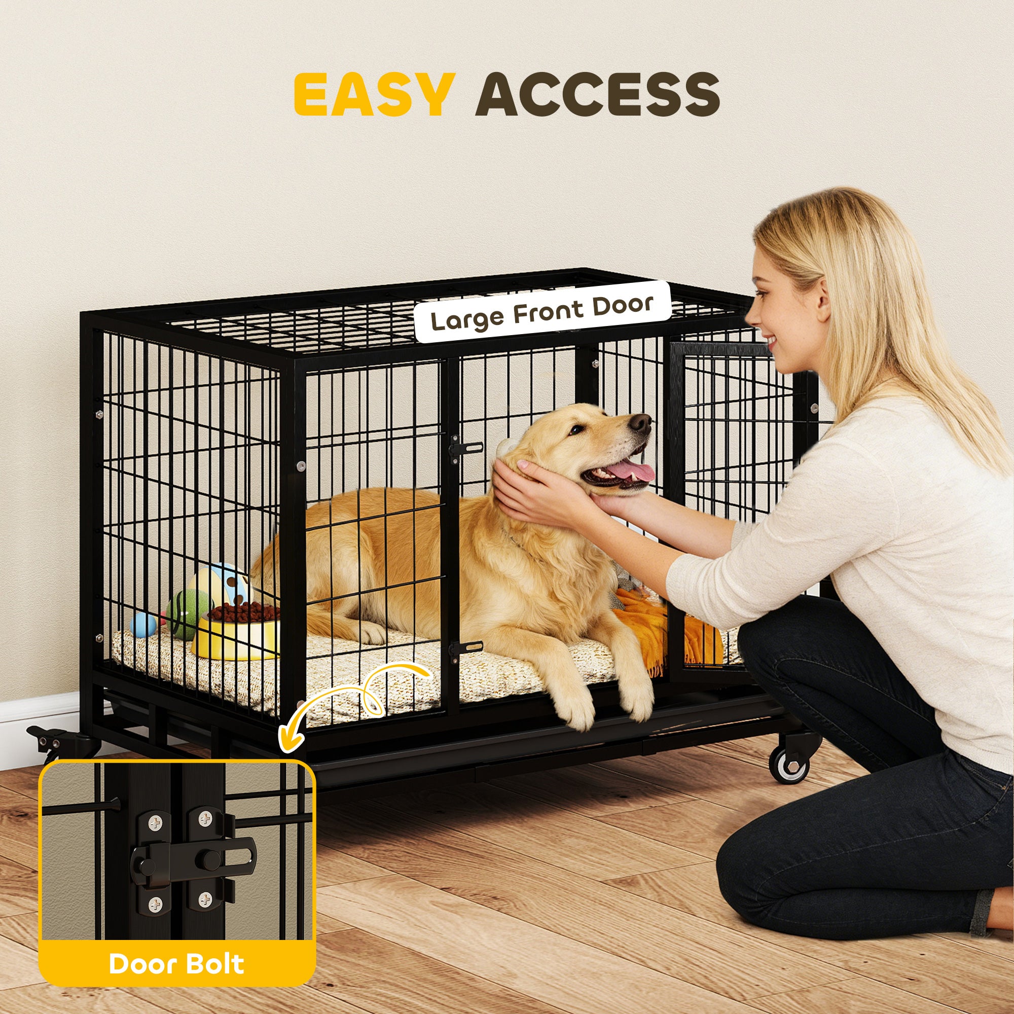36" Heavy Duty Dog Crate with Removable Tray, Lockable Wheels and Double Door, for Medium and Large Dogs, Black