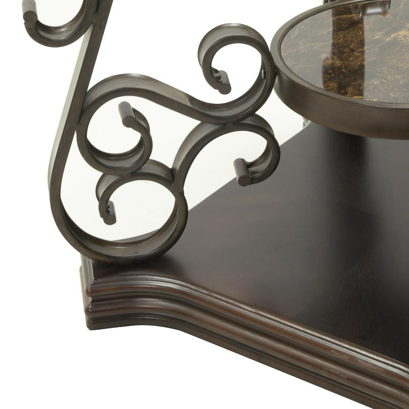 2-Tier Traditional End Table with Powder-Coated Metal Serpentine Legs, Sofa Table with Beveled Glass Top, 26.5" L x 26.5" W x 24" H, Brown
