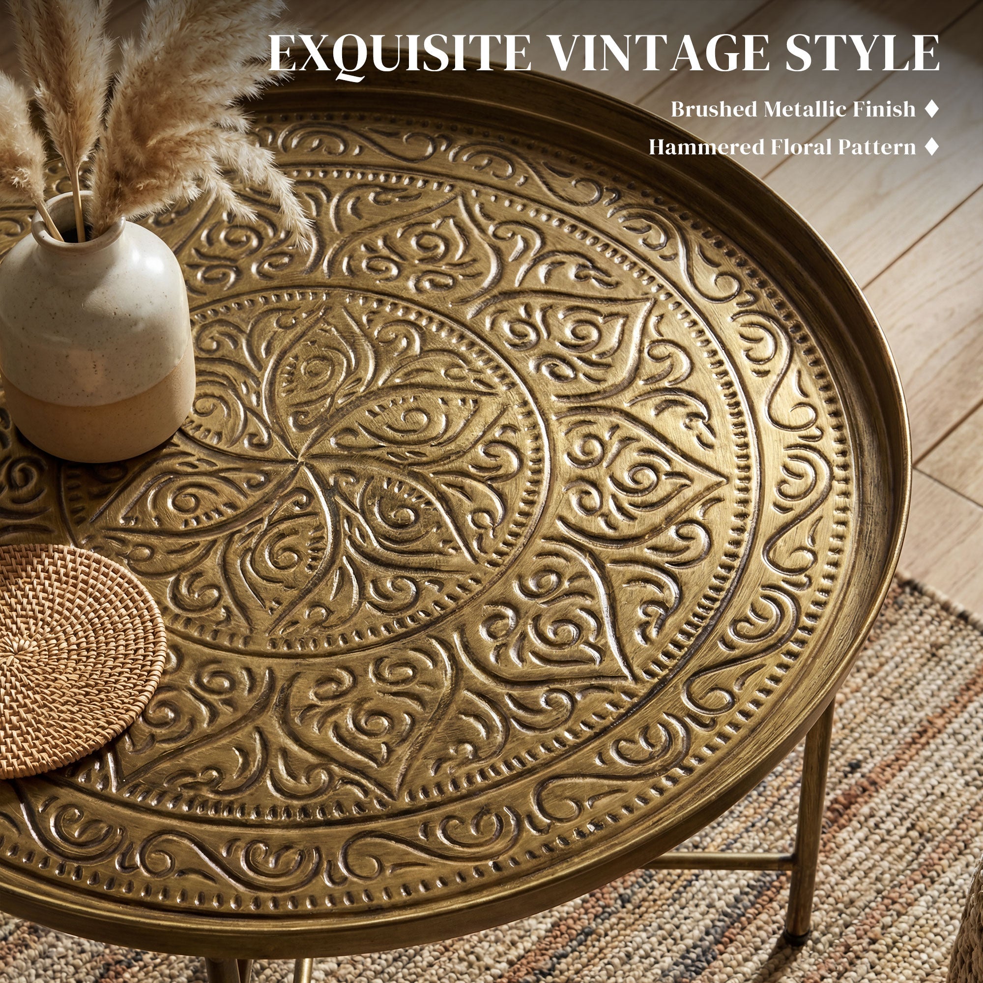 Coffee Table for Living Room, 24" Round Center Table with Hammered Tray Top and Metal Frame for Bedroom, Gold