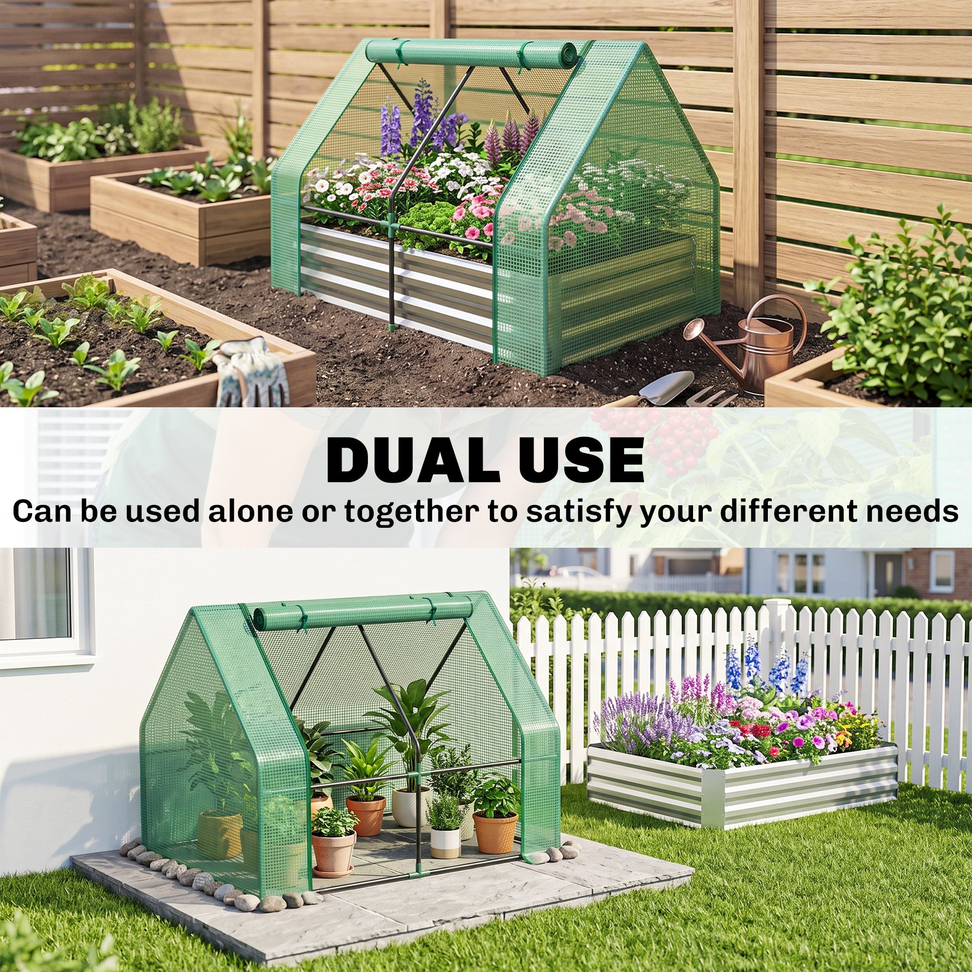 4 x 3ft Metal Planter Box with Mini Greenhouse, Galvanized Raised Garden Bed with Cover for Herbs and Vegetables, Small Greenhouse for Patio Garden Balcony, Green and Gray